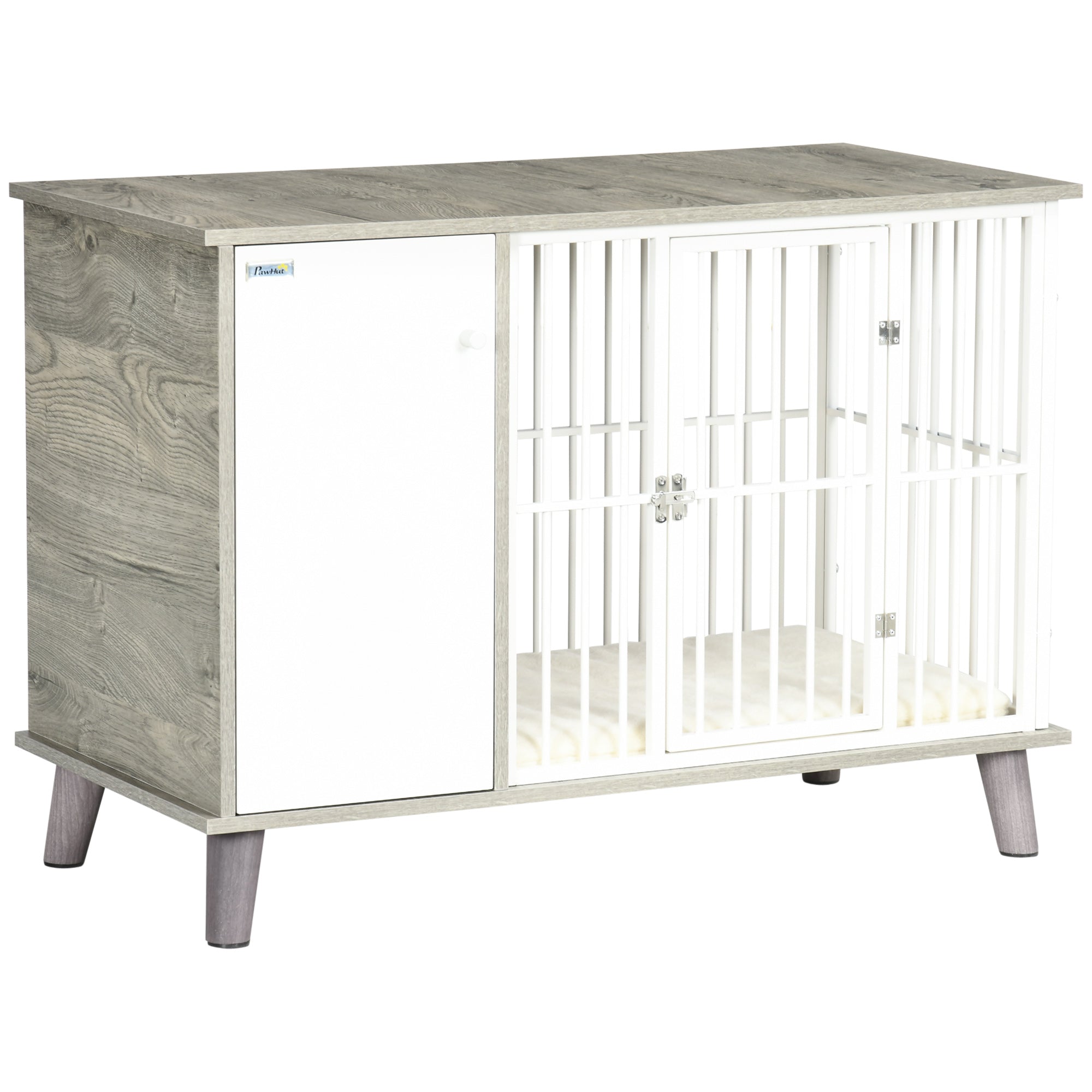 PawHut Dog Crate Furniture, Indoor Pet Kennel Cage, Top End Table w/ Soft Cushion, Lockable Door, for Small Dogs, 98 x 48 x 70.5 cm - Grey
