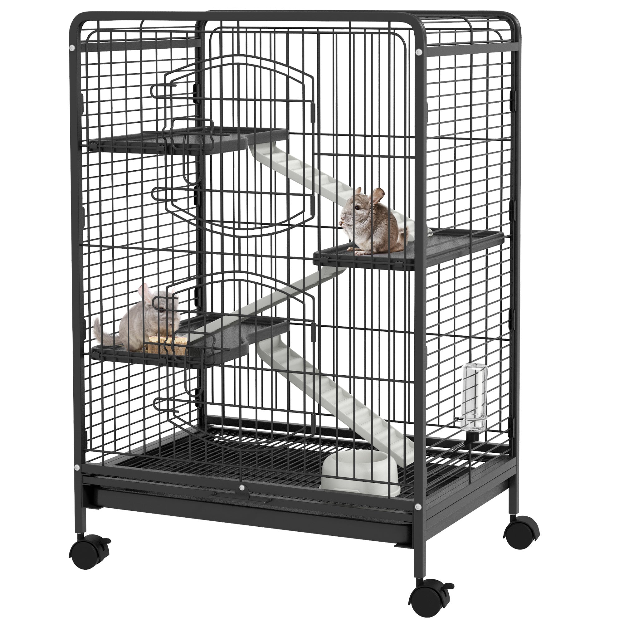 PawHut 4-Tier Small Animal Cage Pet Playpen for Rabbit Ferret Chinchilla on Wheels with Removable Tray Platform Ramp Food Dish Water Bottle, 24" x 17" x 37"