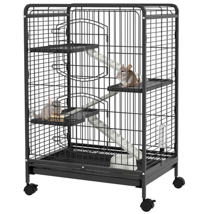 PawHut 4-Tier Small Animal Cage Pet Playpen for Rabbit Ferret Chinchilla on Wheels with Removable Tray Platform Ramp Food Dish Water Bottle, 24" x 17" x 37"
