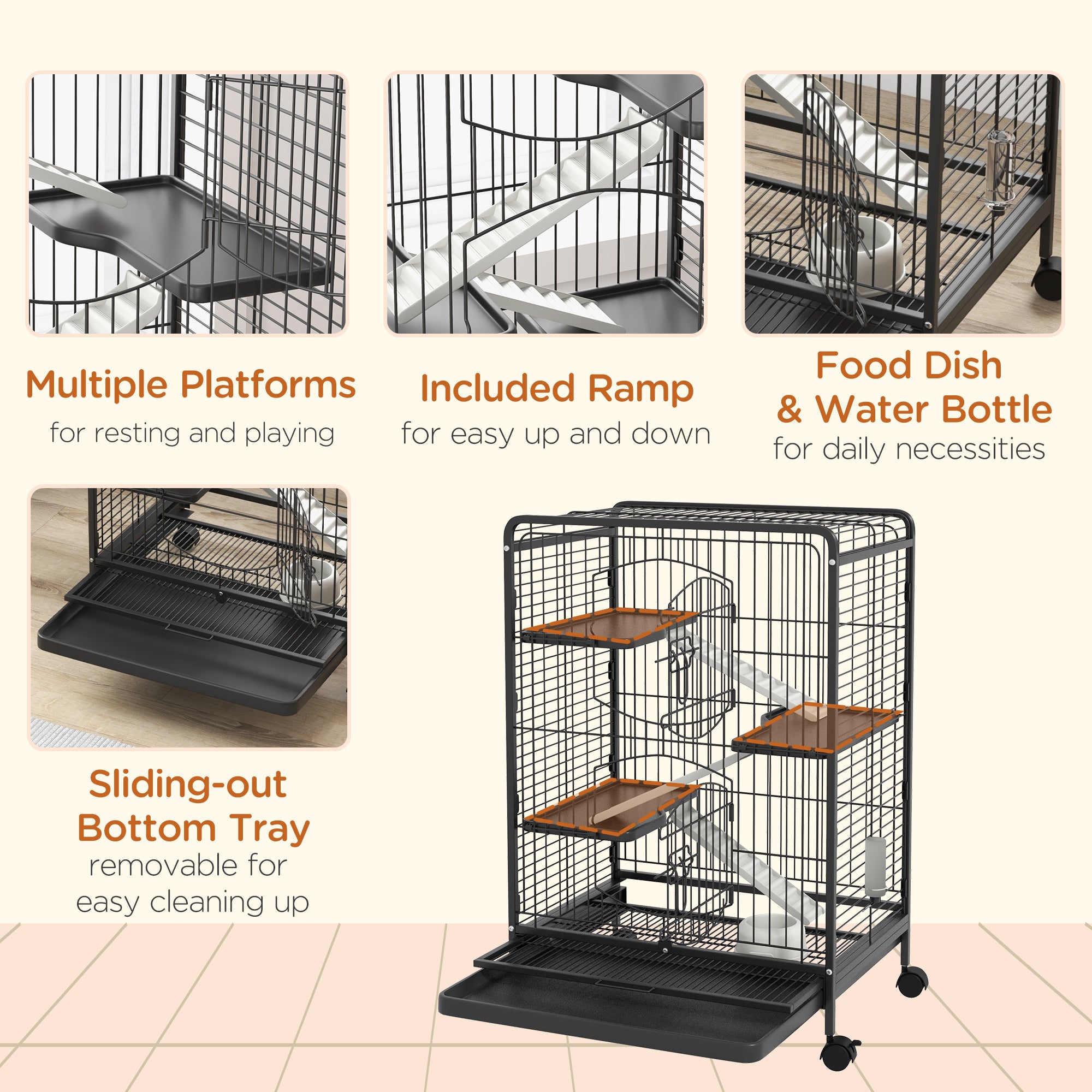 PawHut 4-Tier Small Animal Cage Pet Playpen for Rabbit Ferret Chinchilla on Wheels with Removable Tray Platform Ramp Food Dish Water Bottle, 24" x 17" x 37"