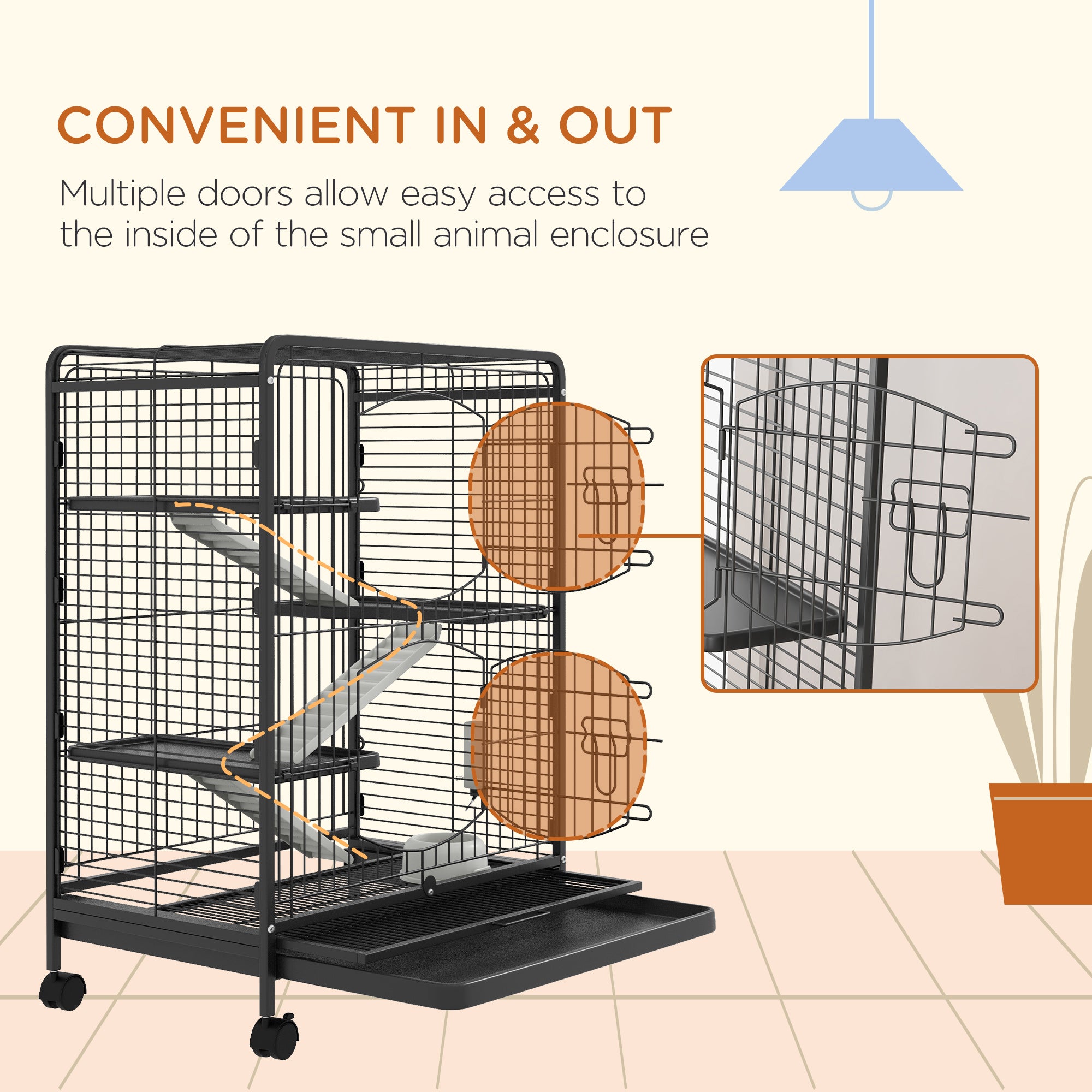 PawHut 4-Tier Small Animal Cage Pet Playpen for Rabbit Ferret Chinchilla on Wheels with Removable Tray Platform Ramp Food Dish Water Bottle, 24" x 17" x 37"
