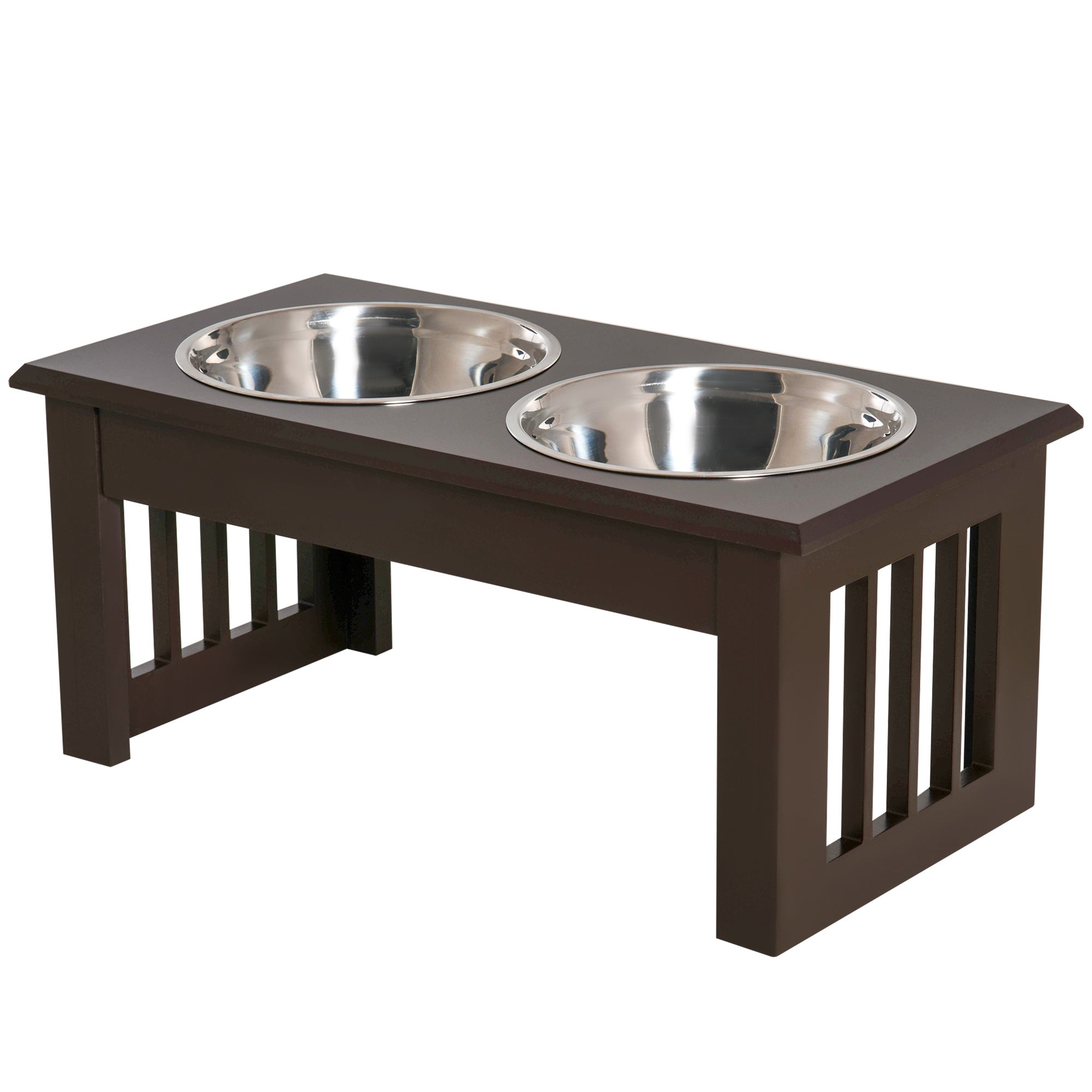 PawHut Stainless Steel Raised Dog Feeding Bowls with Stand for Extra Small and Small Dogs Elevated Twin Pet Bowls Water Food Feeder 44L x 24W x 15H cm - Brown