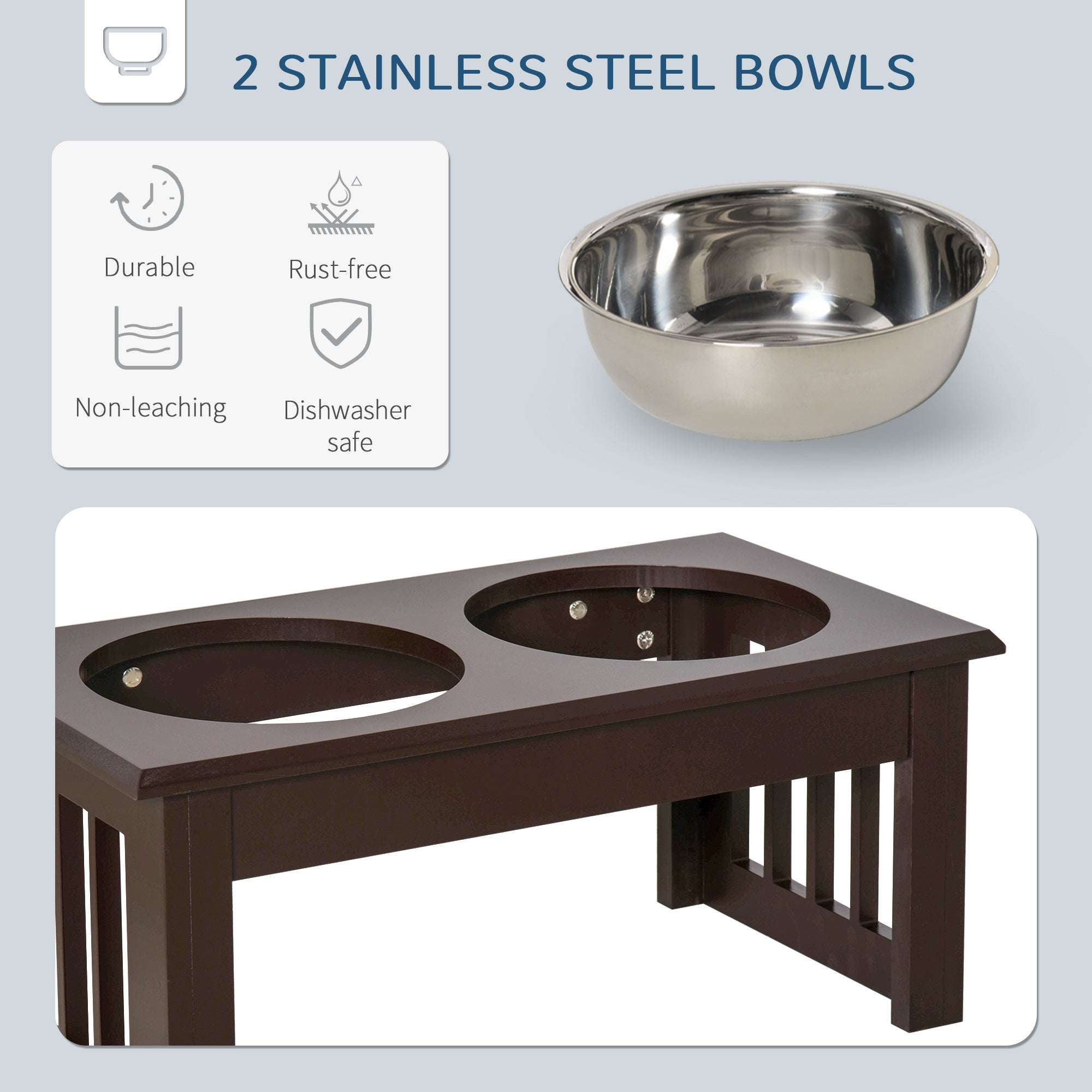PawHut Stainless Steel Raised Dog Feeding Bowls with Stand for Extra Small and Small Dogs Elevated Twin Pet Bowls Water Food Feeder 44L x 24W x 15H cm - Brown