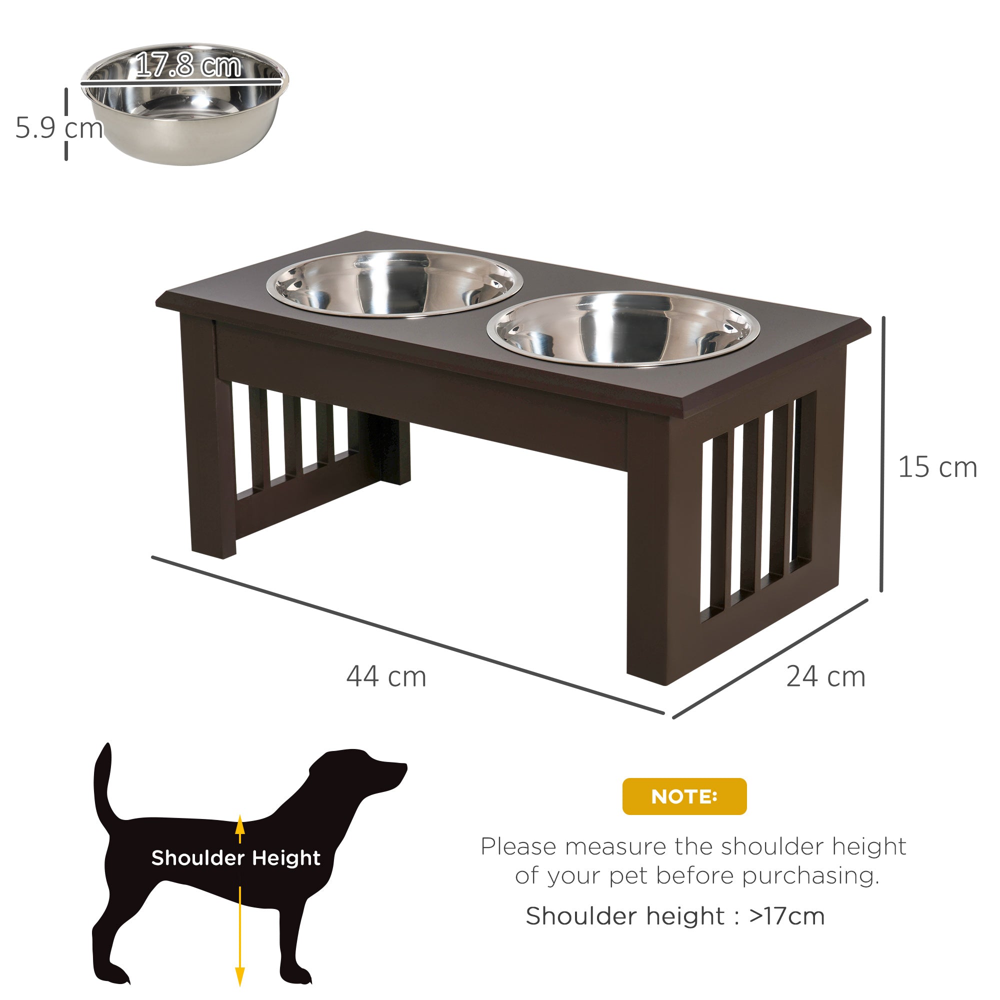 PawHut Stainless Steel Raised Dog Feeding Bowls with Stand for Extra Small and Small Dogs Elevated Twin Pet Bowls Water Food Feeder 44L x 24W x 15H cm - Brown