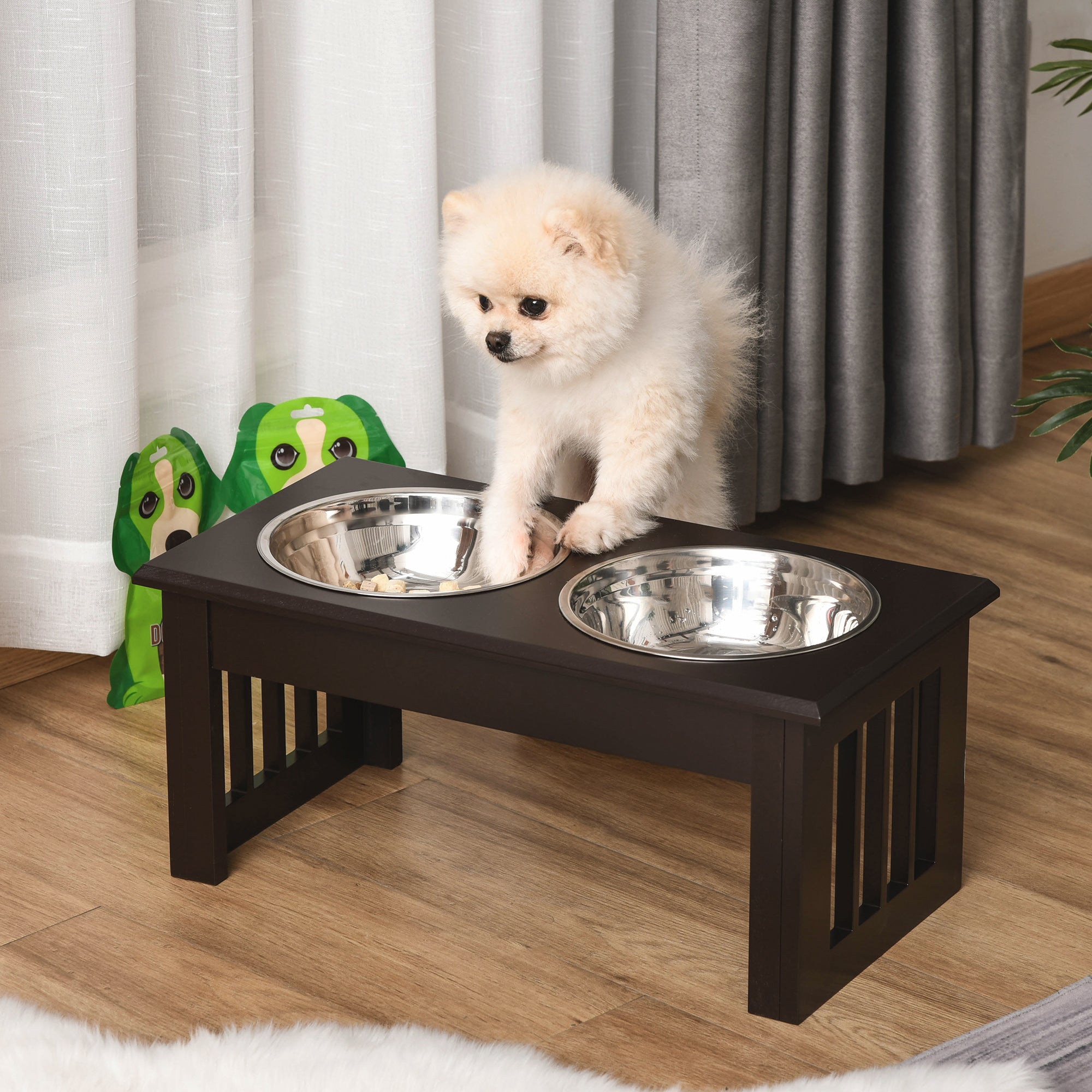 PawHut Stainless Steel Raised Dog Feeding Bowls with Stand for Extra Small and Small Dogs Elevated Twin Pet Bowls Water Food Feeder 44L x 24W x 15H cm - Brown