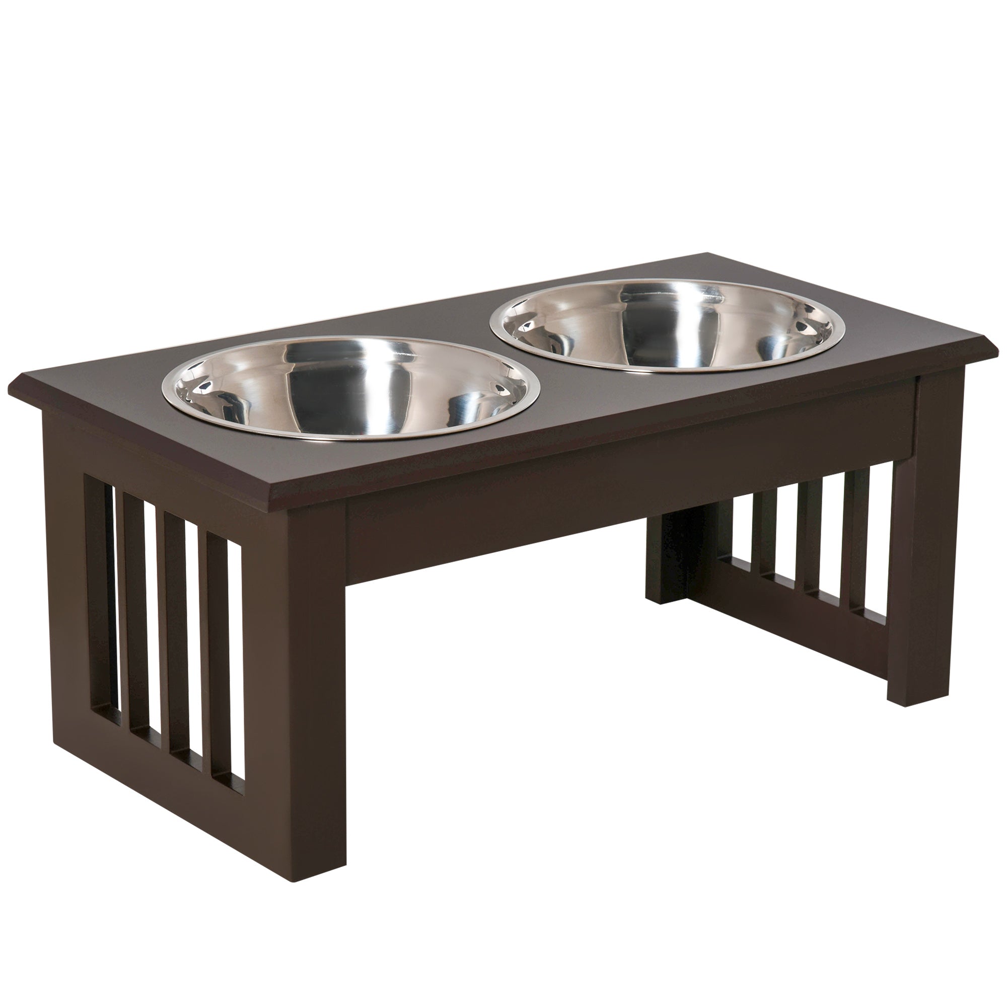 PawHut Stainless Steel Raised Dog Feeding Bowls with Stand for Extra Small and Small Dogs Elevated Twin Pet Bowls Water Food Feeder 44L x 24W x 15H cm - Brown
