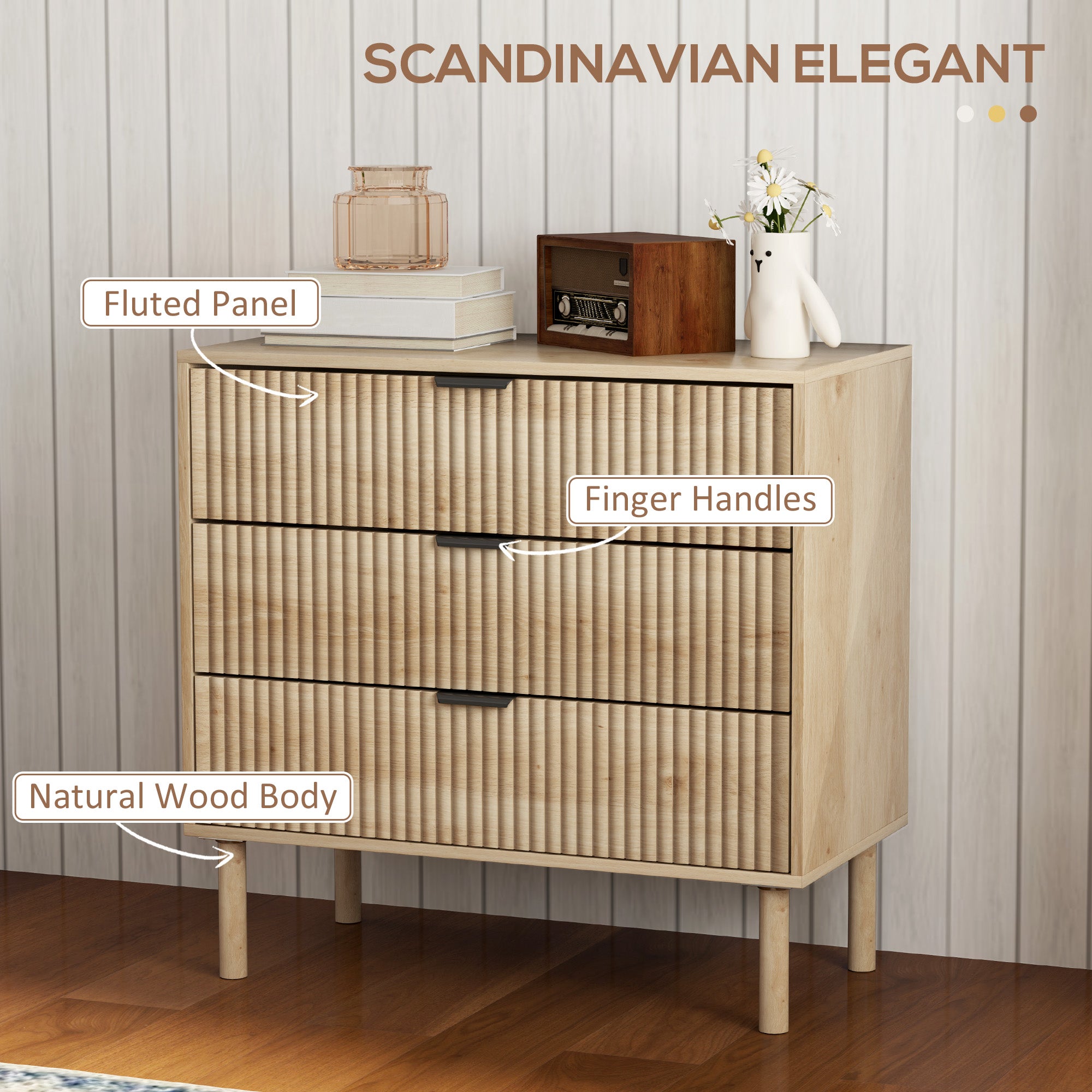 HOMCOM Bedroom Chest of Drawers, 3 Drawer Dresser with Fluted Panels and Solid Wood Legs, Storage Cabinet with 3 Drawers for Living Room, Hallway, Oak