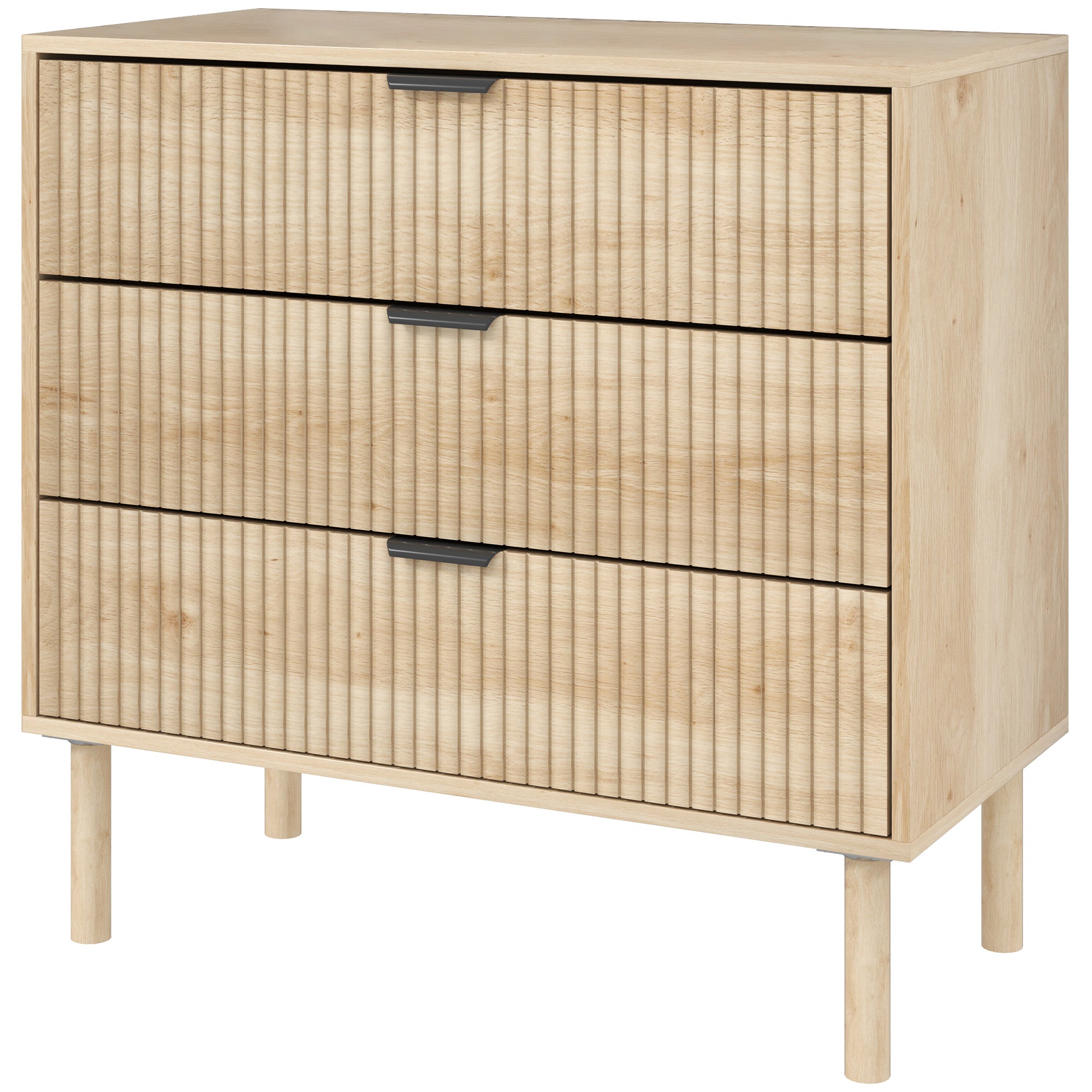HOMCOM Bedroom Chest of Drawers, 3 Drawer Dresser with Fluted Panels and Solid Wood Legs, Storage Cabinet with 3 Drawers for Living Room, Hallway, Oak