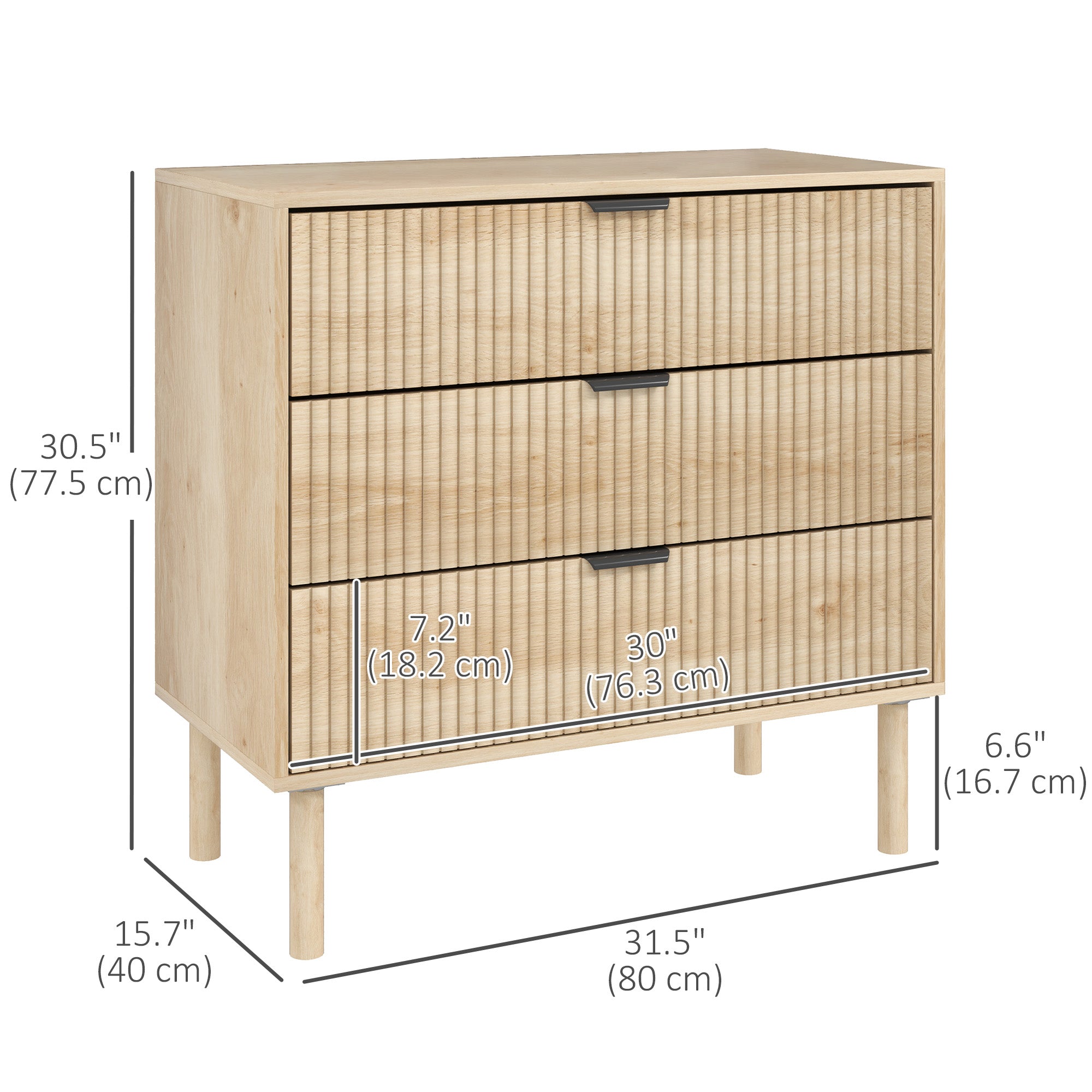 HOMCOM Bedroom Chest of Drawers, 3 Drawer Dresser with Fluted Panels and Solid Wood Legs, Storage Cabinet with 3 Drawers for Living Room, Hallway, Oak