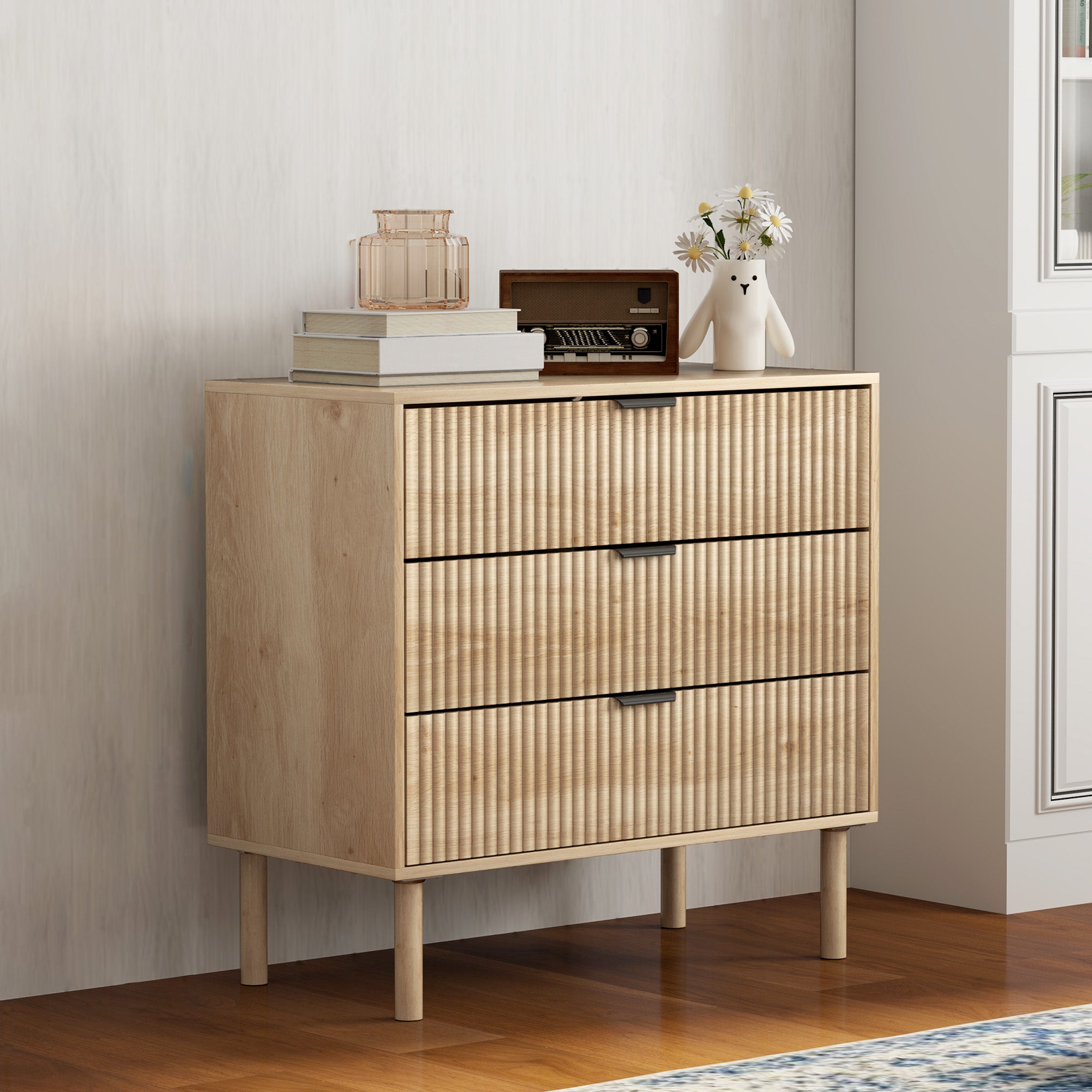 HOMCOM Bedroom Chest of Drawers, 3 Drawer Dresser with Fluted Panels and Solid Wood Legs, Storage Cabinet with 3 Drawers for Living Room, Hallway, Oak
