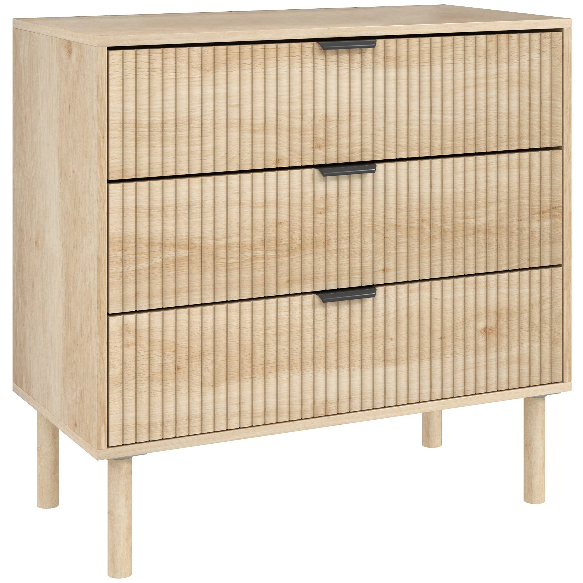 HOMCOM Bedroom Chest of Drawers, 3 Drawer Dresser with Fluted Panels and Solid Wood Legs, Storage Cabinet with 3 Drawers for Living Room, Hallway, Oak