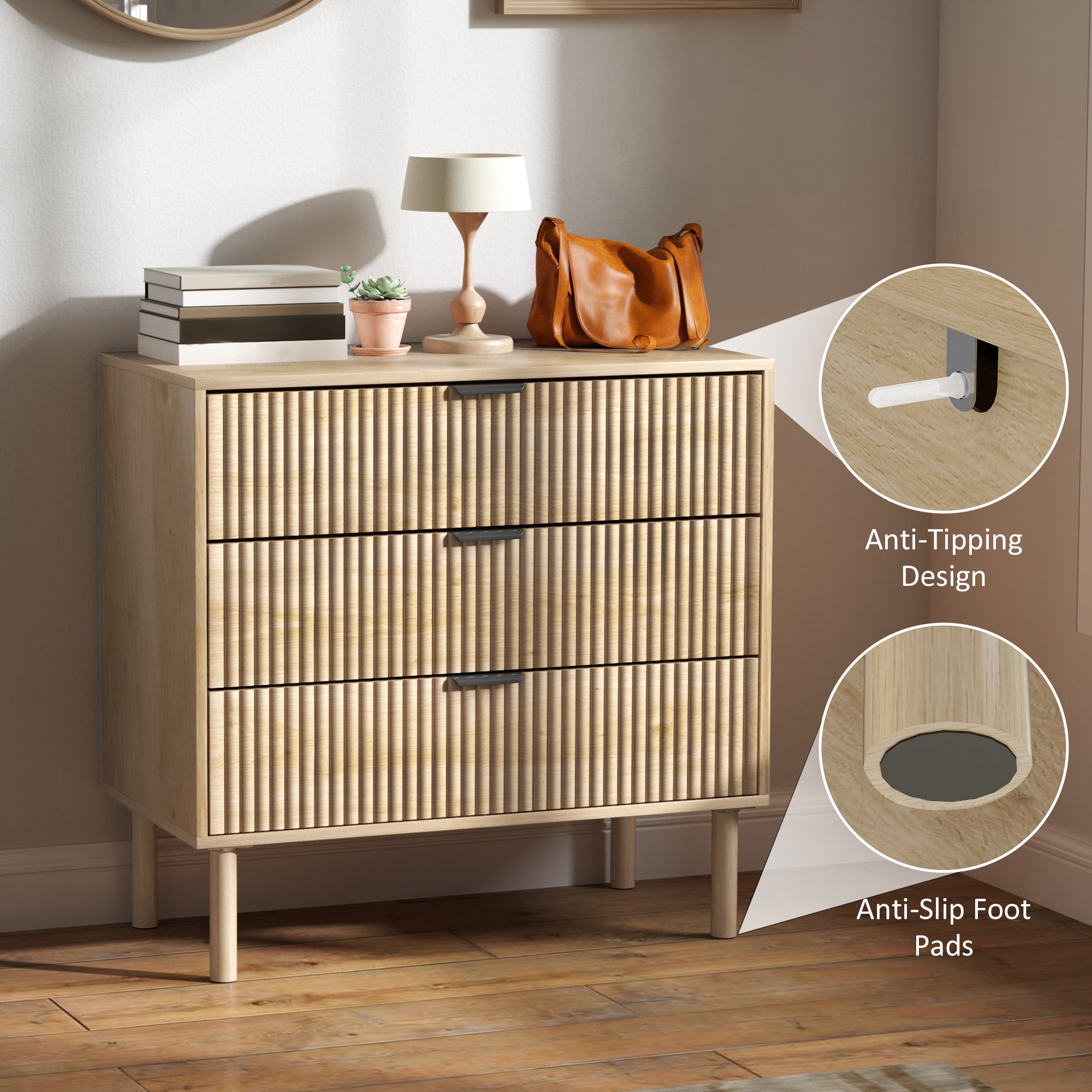 HOMCOM Bedroom Chest of Drawers, 3 Drawer Dresser with Fluted Panels and Solid Wood Legs, Storage Cabinet with 3 Drawers for Living Room, Hallway, Oak