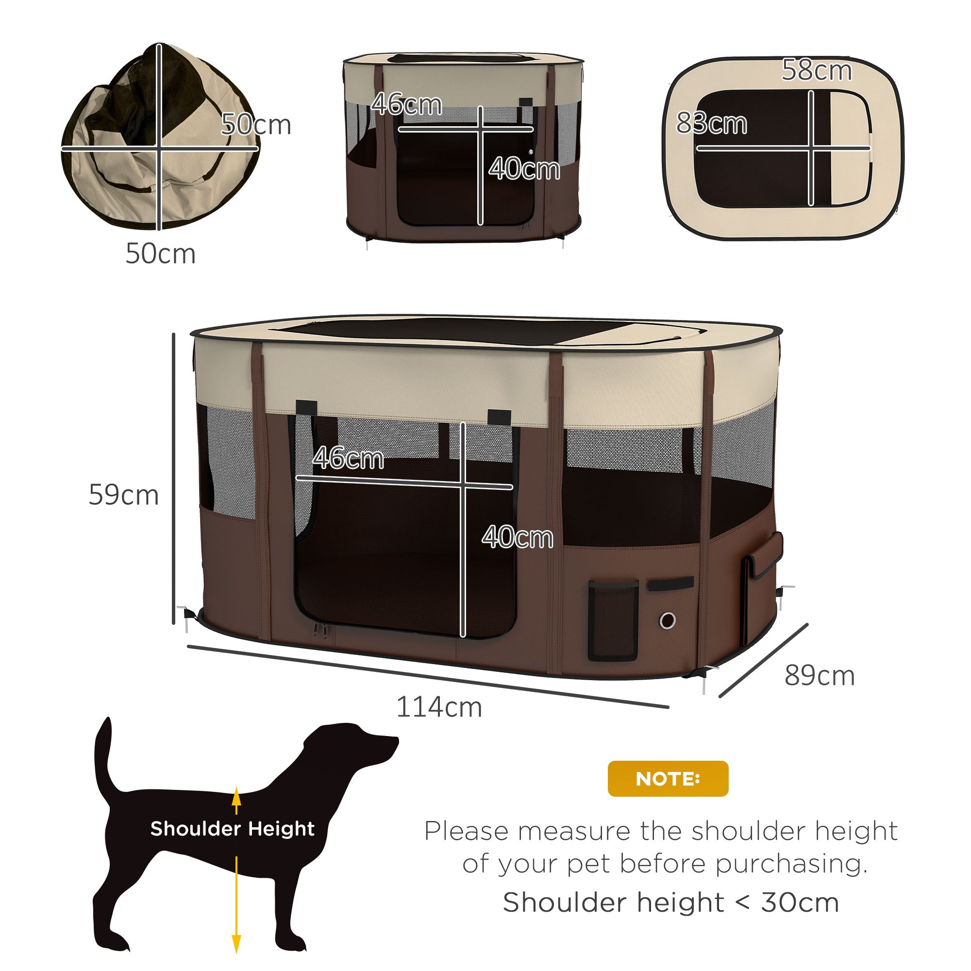 PawHut Dog Pen, Pet Playpen, Portable Foldable Dog Cat Playpen Soft Dog Cage with Storage Bag for Puppies, Rabbits, Kittens, Guinea Pigs, 114 x 89 x 59cm - Brown