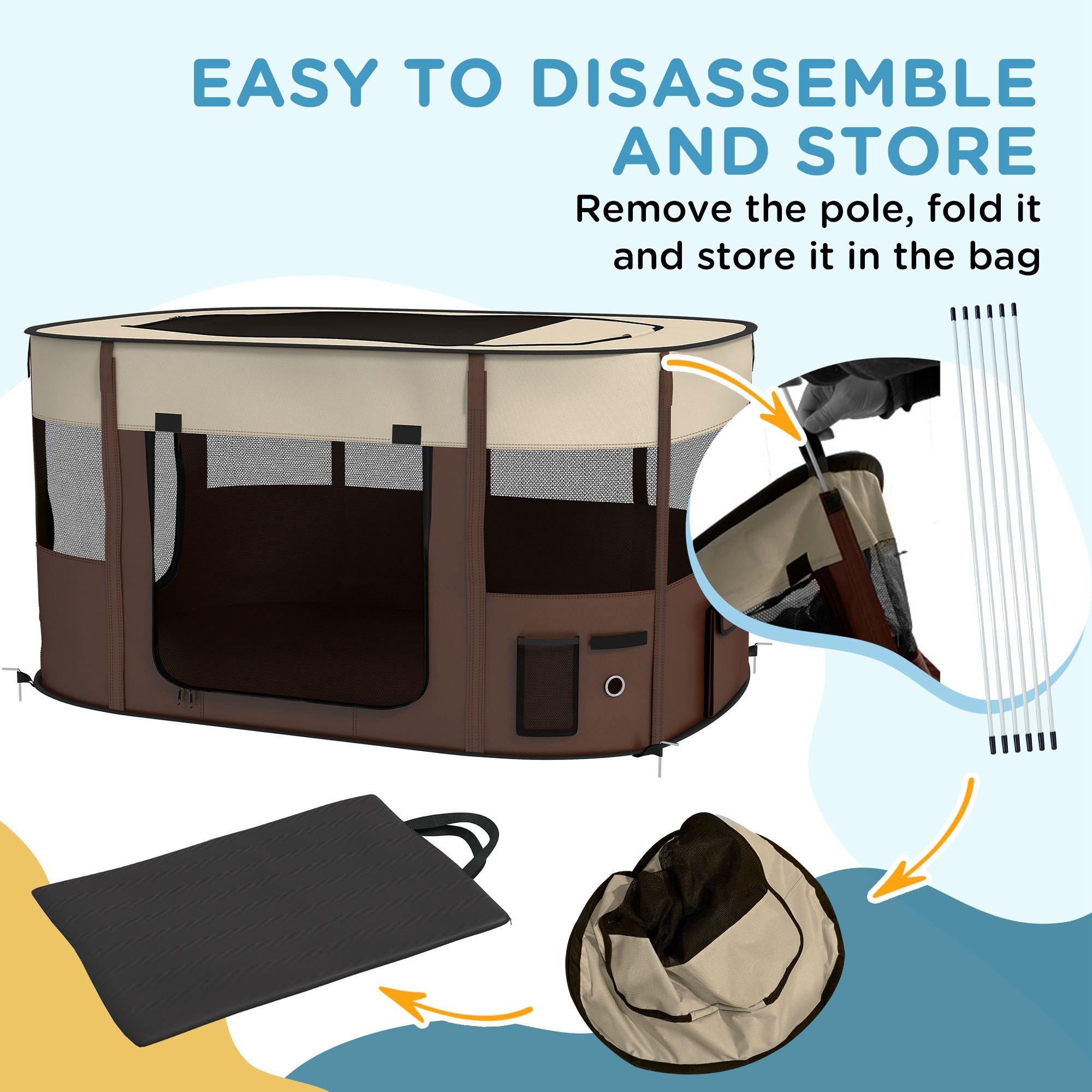 PawHut Dog Pen, Pet Playpen, Portable Foldable Dog Cat Playpen Soft Dog Cage with Storage Bag for Puppies, Rabbits, Kittens, Guinea Pigs, 114 x 89 x 59cm - Brown