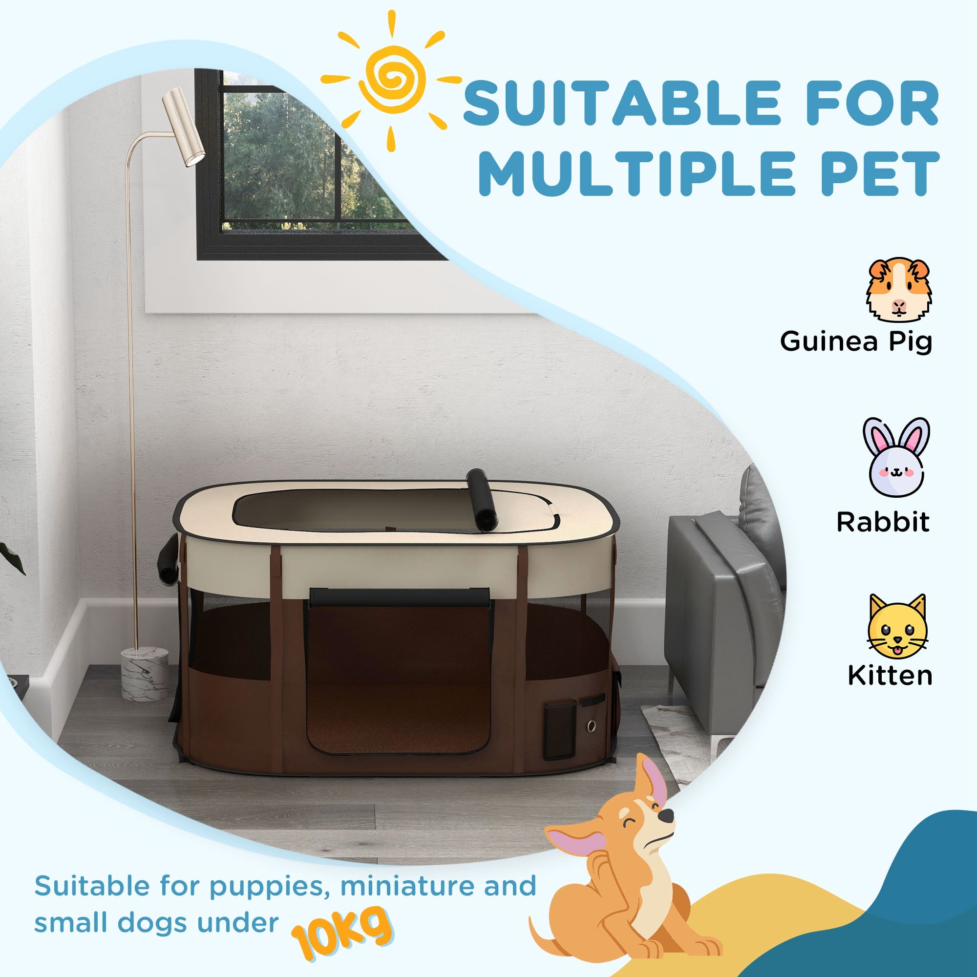 PawHut Dog Pen, Pet Playpen, Portable Foldable Dog Cat Playpen Soft Dog Cage with Storage Bag for Puppies, Rabbits, Kittens, Guinea Pigs, 114 x 89 x 59cm - Brown