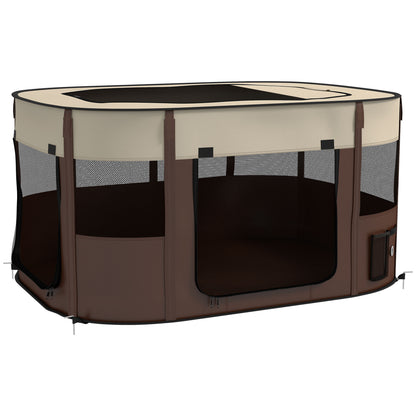 PawHut Dog Pen, Pet Playpen, Portable Foldable Dog Cat Playpen Soft Dog Cage with Storage Bag for Puppies, Rabbits, Kittens, Guinea Pigs, 114 x 89 x 59cm - Brown