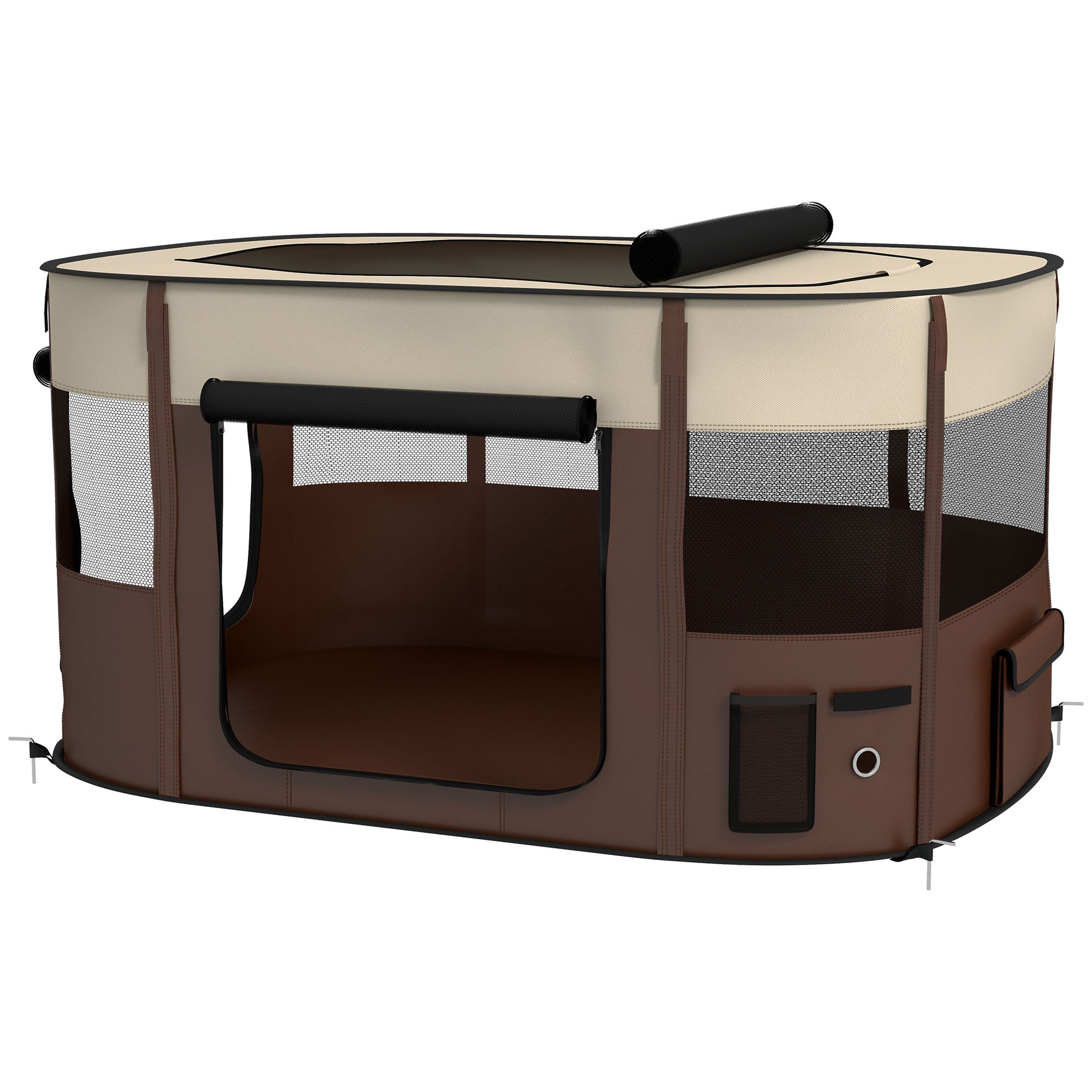 PawHut Dog Pen, Pet Playpen, Portable Foldable Dog Cat Playpen Soft Dog Cage with Storage Bag for Puppies, Rabbits, Kittens, Guinea Pigs, 114 x 89 x 59cm - Brown