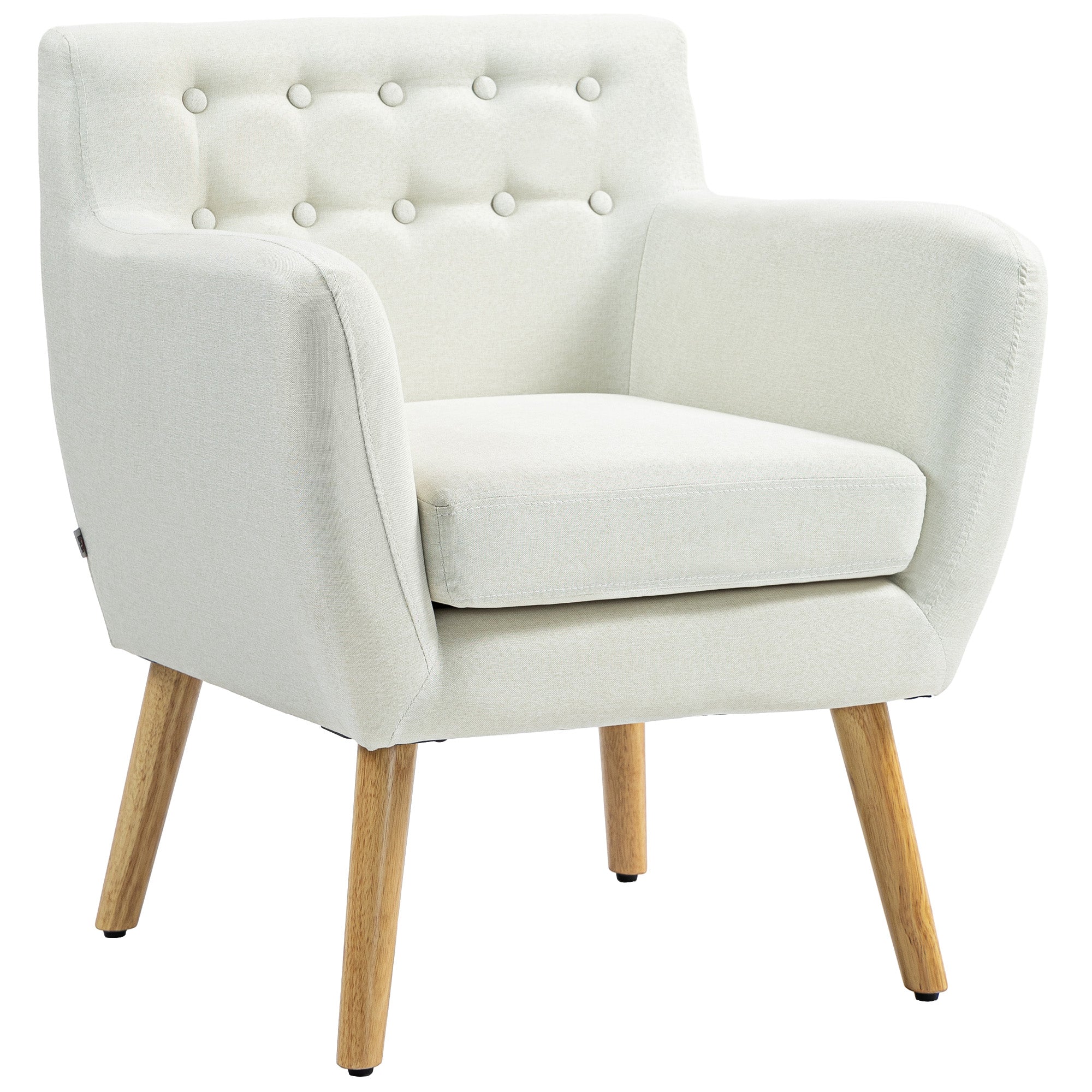 HOMCOM Mid-Century Modern Accent Chair, Linen Upholstery Armchair, Tufted Club Chair with Wood Frame and Thick Padding for Living Room, Bedroom, Cream White
