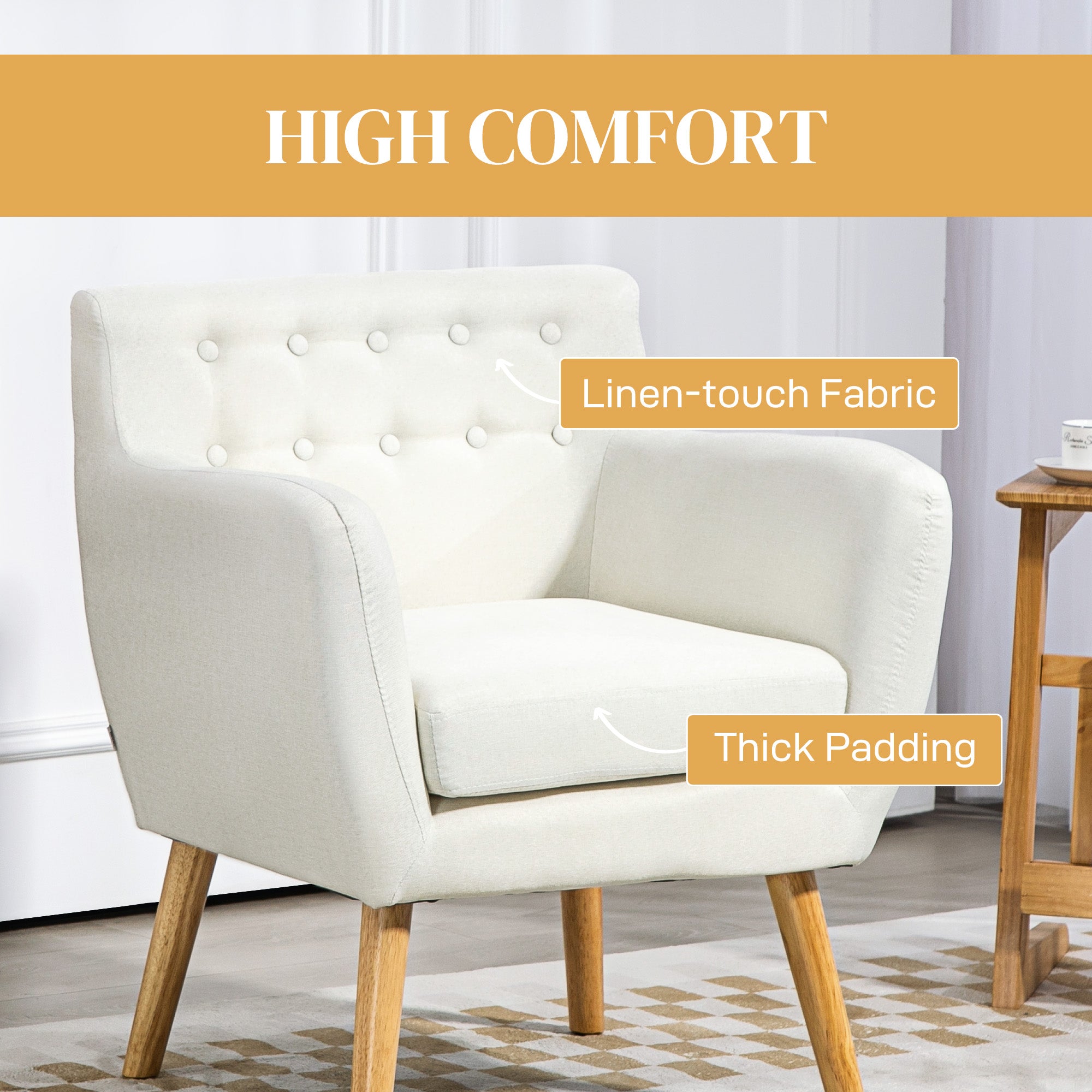 HOMCOM Mid-Century Modern Accent Chair, Linen Upholstery Armchair, Tufted Club Chair with Wood Frame and Thick Padding for Living Room, Bedroom, Cream White