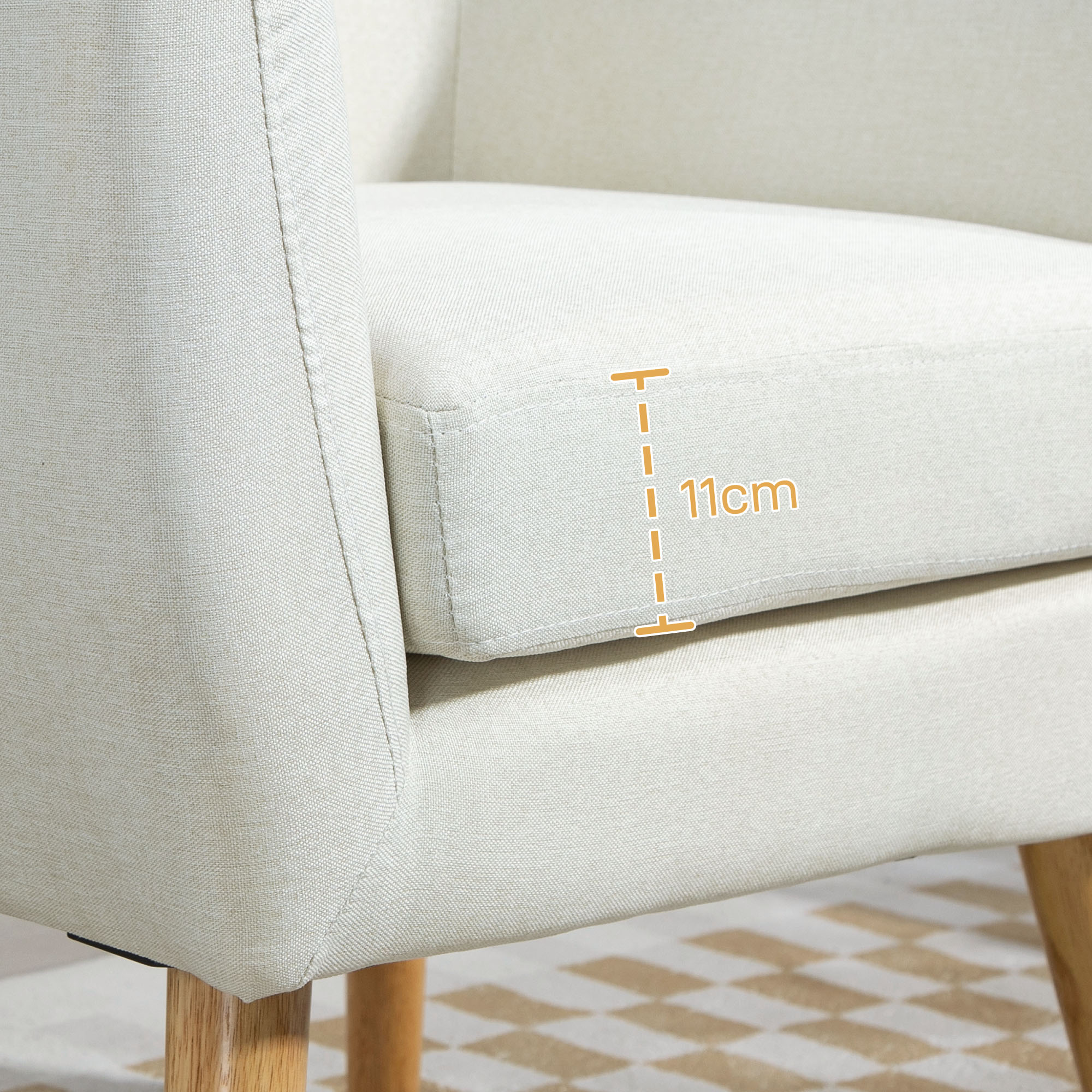 HOMCOM Mid-Century Modern Accent Chair, Linen Upholstery Armchair, Tufted Club Chair with Wood Frame and Thick Padding for Living Room, Bedroom, Cream White
