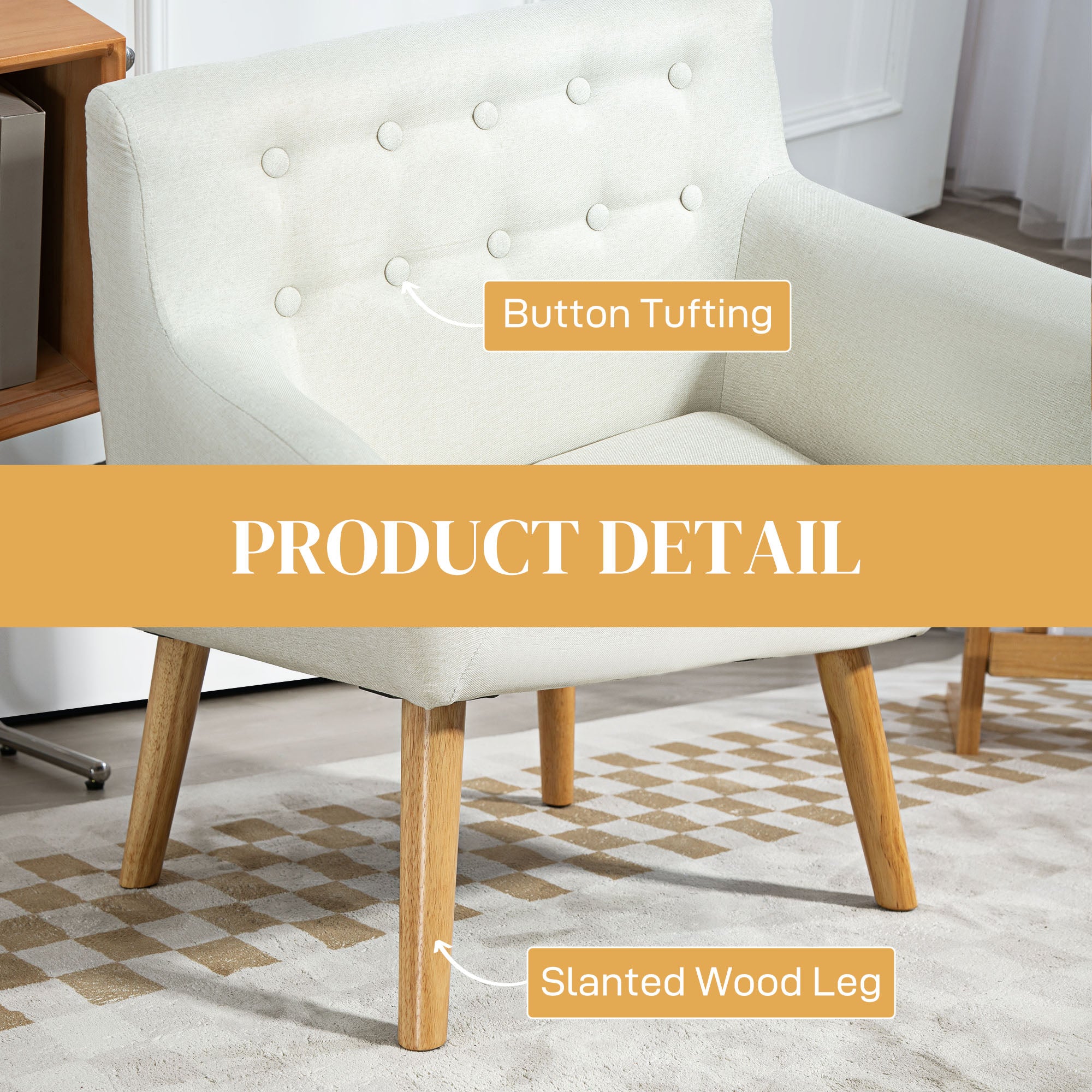 HOMCOM Mid-Century Modern Accent Chair, Linen Upholstery Armchair, Tufted Club Chair with Wood Frame and Thick Padding for Living Room, Bedroom, Cream White