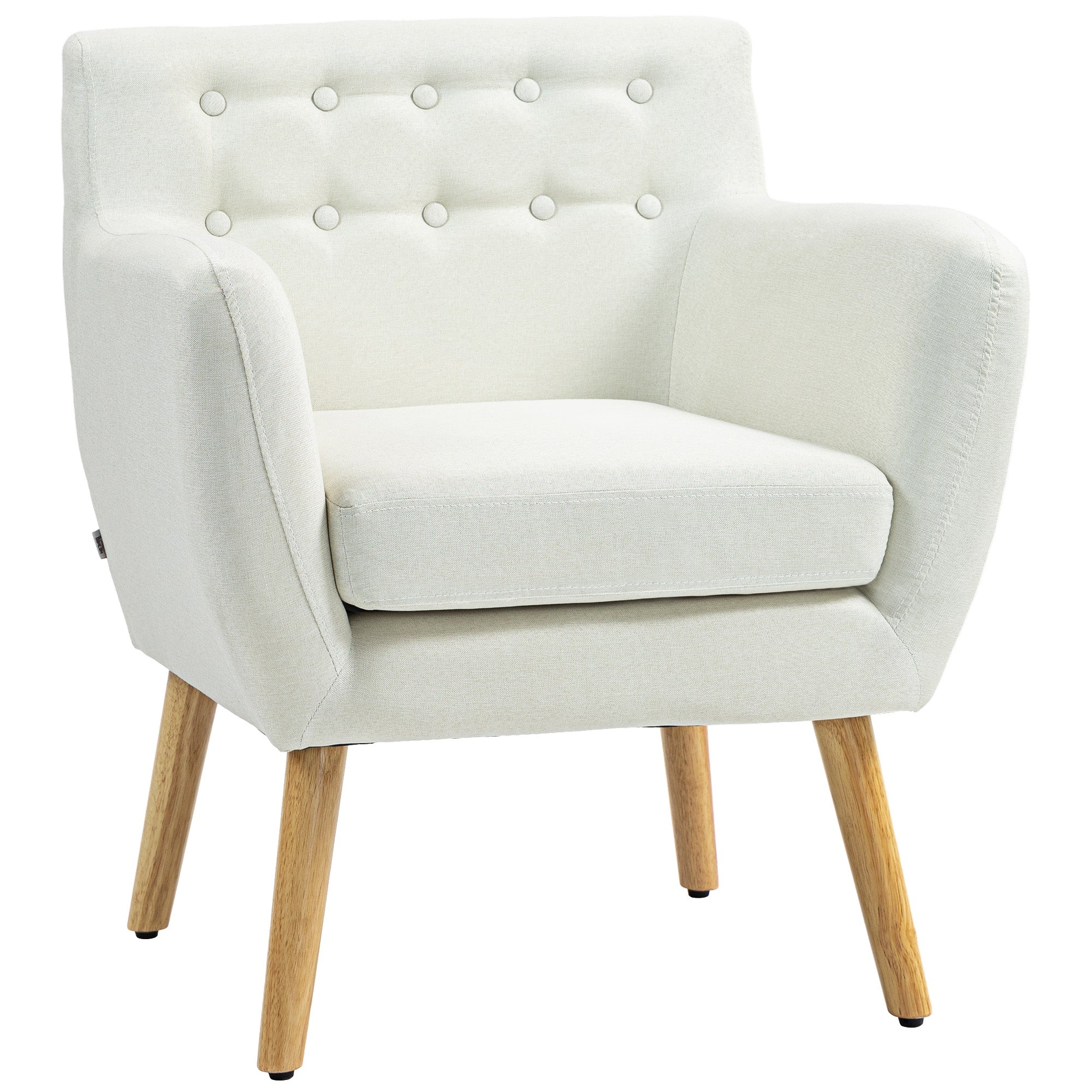 HOMCOM Mid-Century Modern Accent Chair, Linen Upholstery Armchair, Tufted Club Chair with Wood Frame and Thick Padding for Living Room, Bedroom, Cream White
