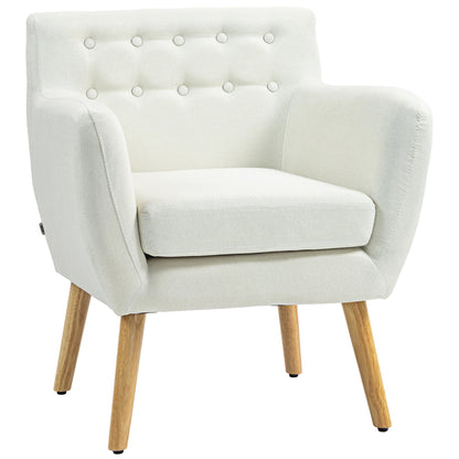 HOMCOM Mid-Century Modern Accent Chair, Linen Upholstery Armchair, Tufted Club Chair with Wood Frame and Thick Padding for Living Room, Bedroom, Cream White