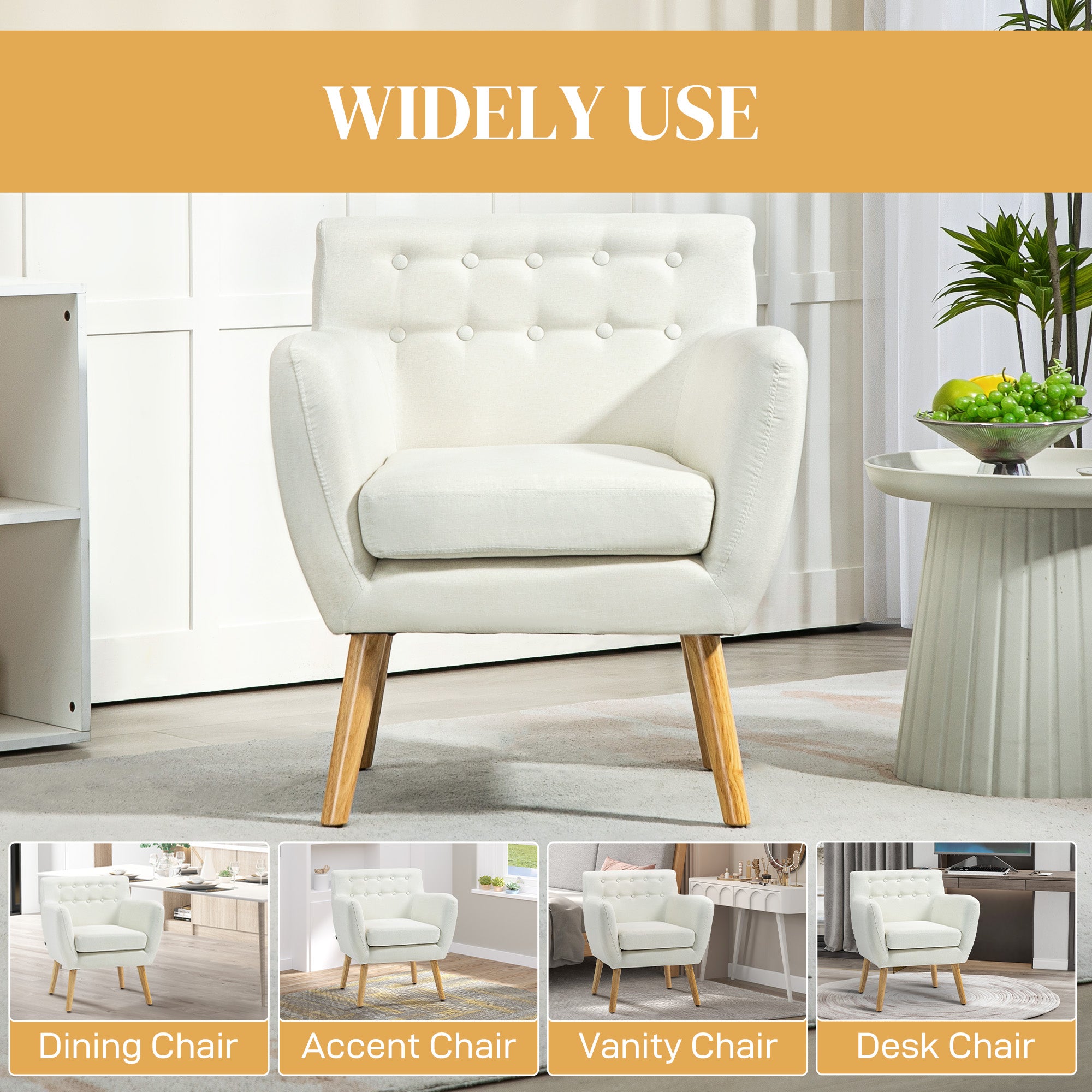 HOMCOM Mid-Century Modern Accent Chair, Linen Upholstery Armchair, Tufted Club Chair with Wood Frame and Thick Padding for Living Room, Bedroom, Cream White