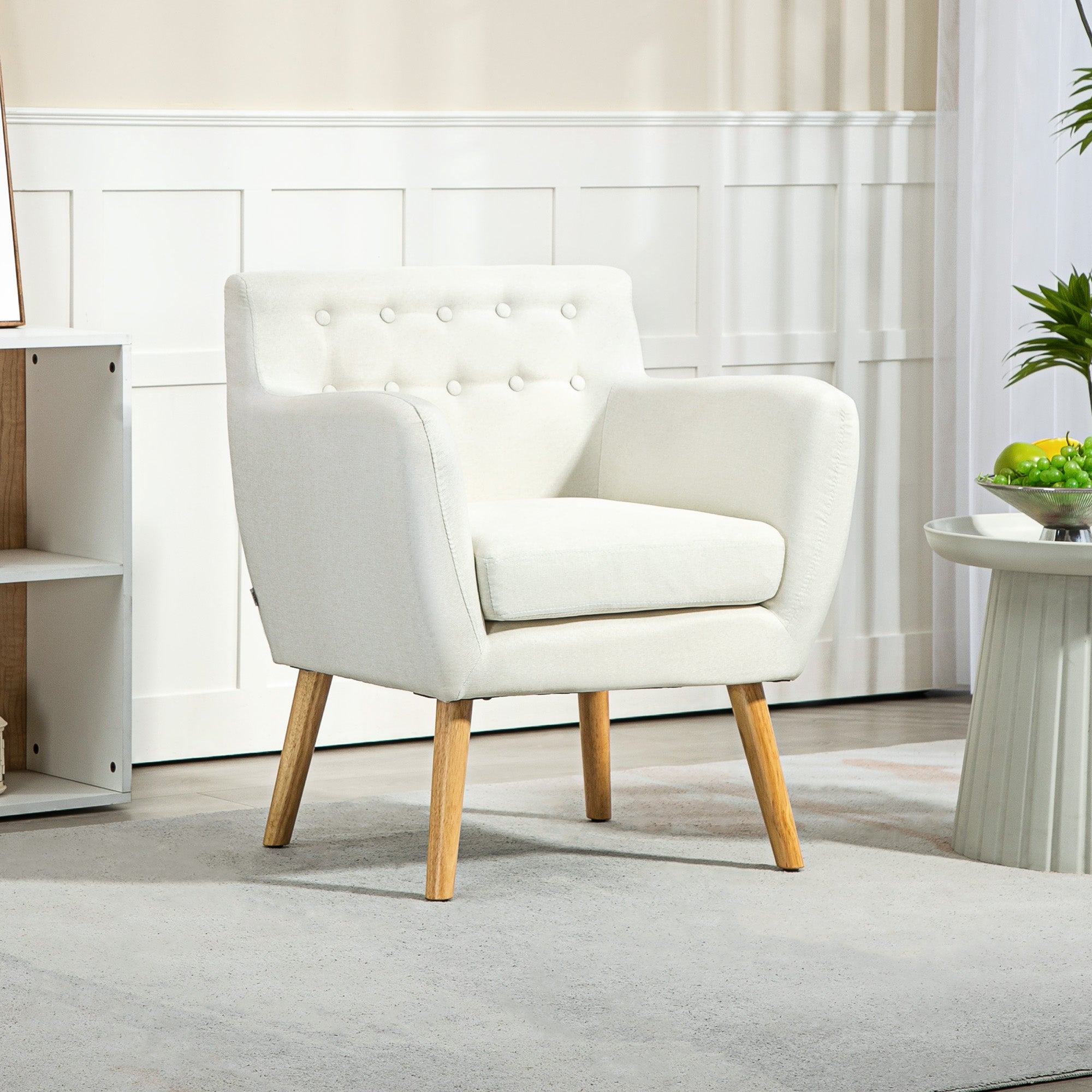 HOMCOM Mid-Century Modern Accent Chair, Linen Upholstery Armchair, Tufted Club Chair with Wood Frame and Thick Padding for Living Room, Bedroom, Cream White