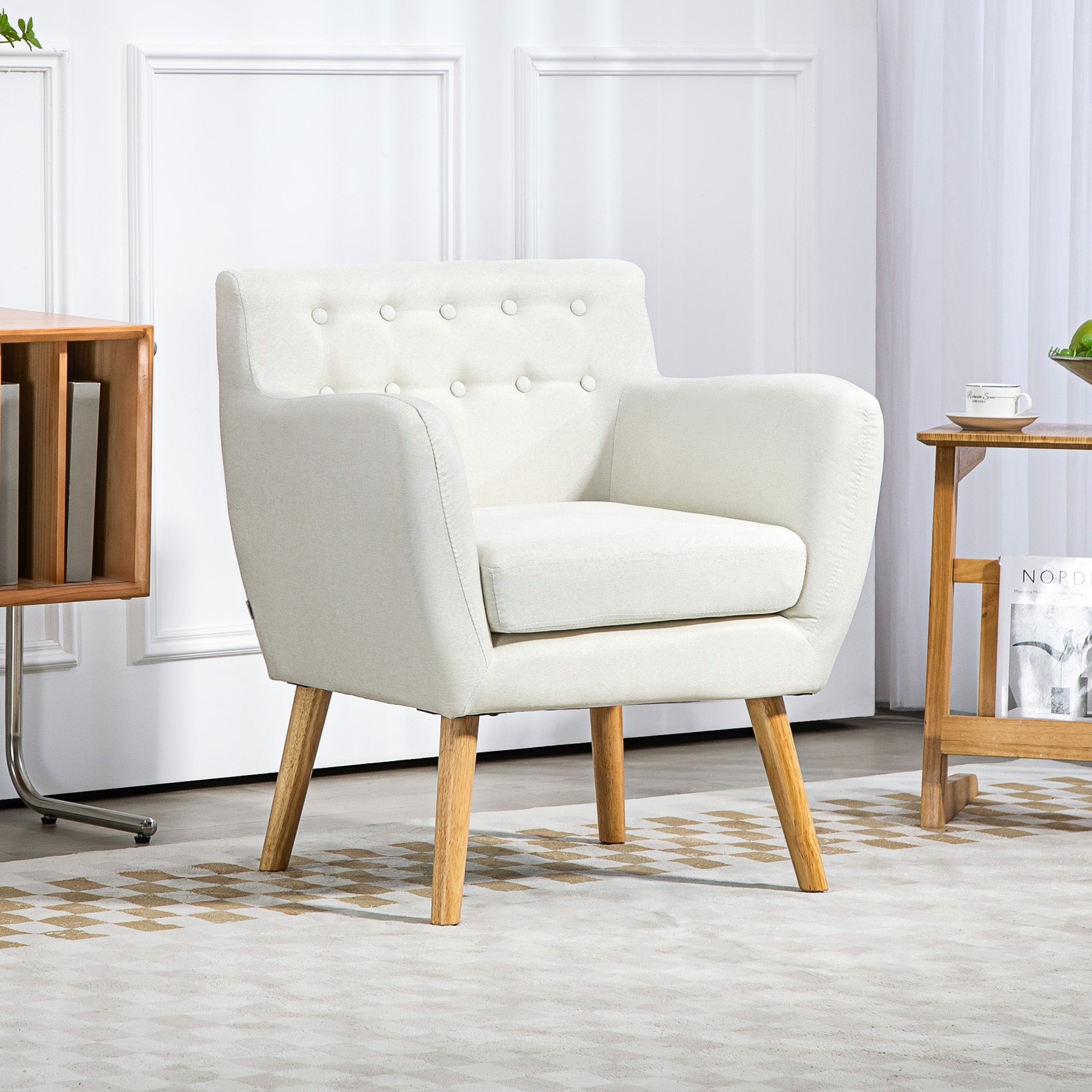 HOMCOM Mid-Century Modern Accent Chair, Linen Upholstery Armchair, Tufted Club Chair with Wood Frame and Thick Padding for Living Room, Bedroom, Cream White