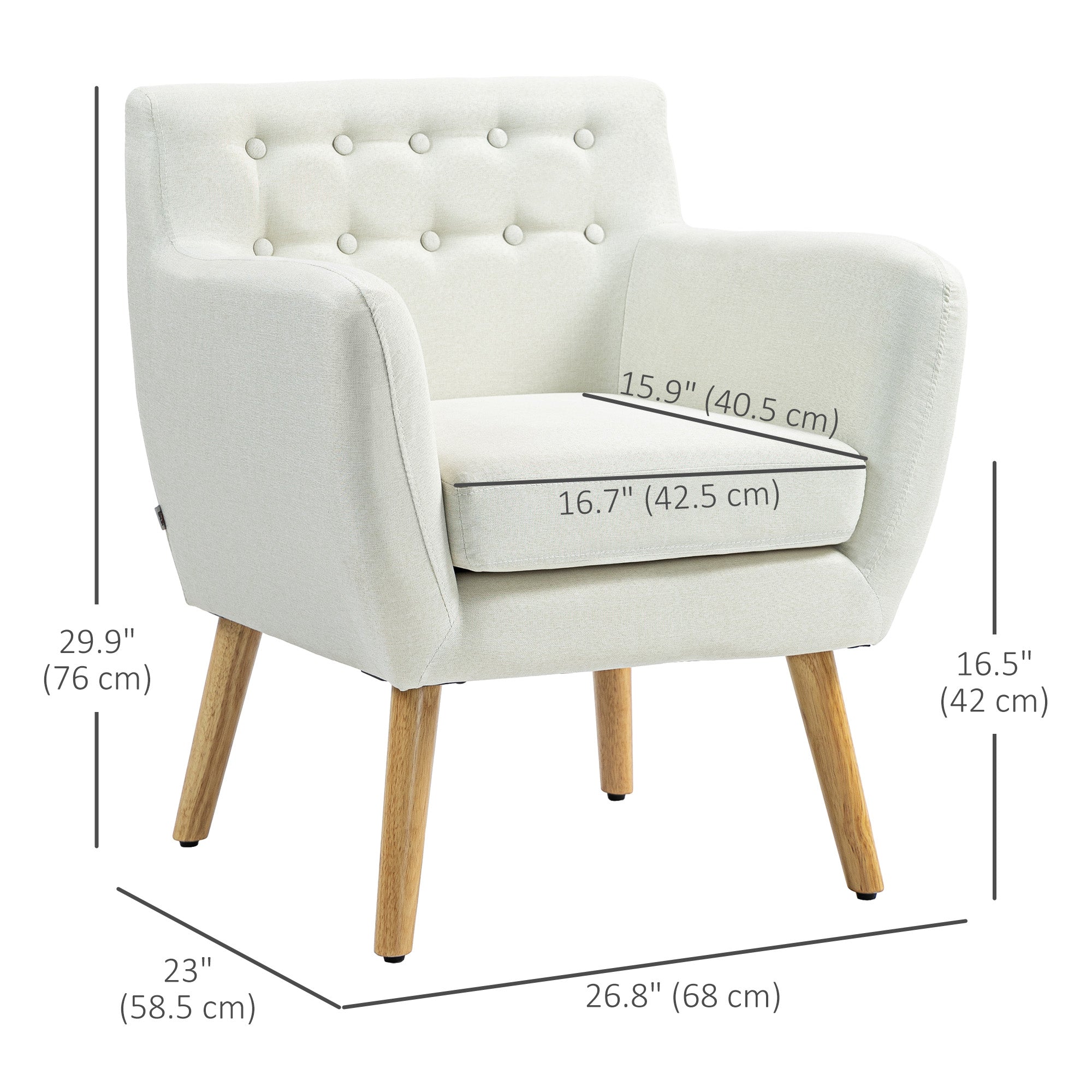 HOMCOM Mid-Century Modern Accent Chair, Linen Upholstery Armchair, Tufted Club Chair with Wood Frame and Thick Padding for Living Room, Bedroom, Cream White