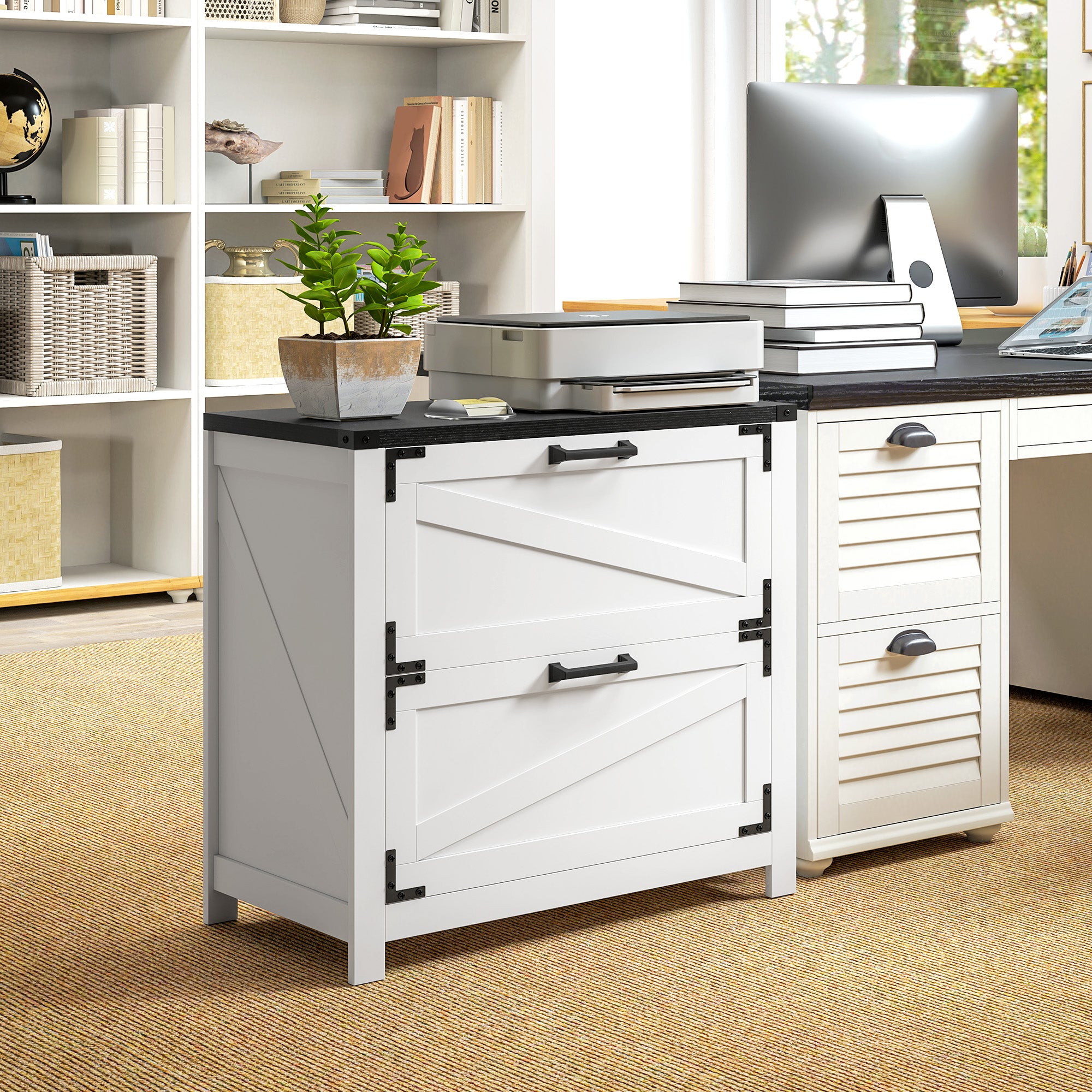 HOMCOM 2 Drawer File Cabinet, Farmhouse Lateral Filing Cabinet with Adjustable Hanging Bars for Letter, A4 and Legal Size, Printer Stand for Home Office, White