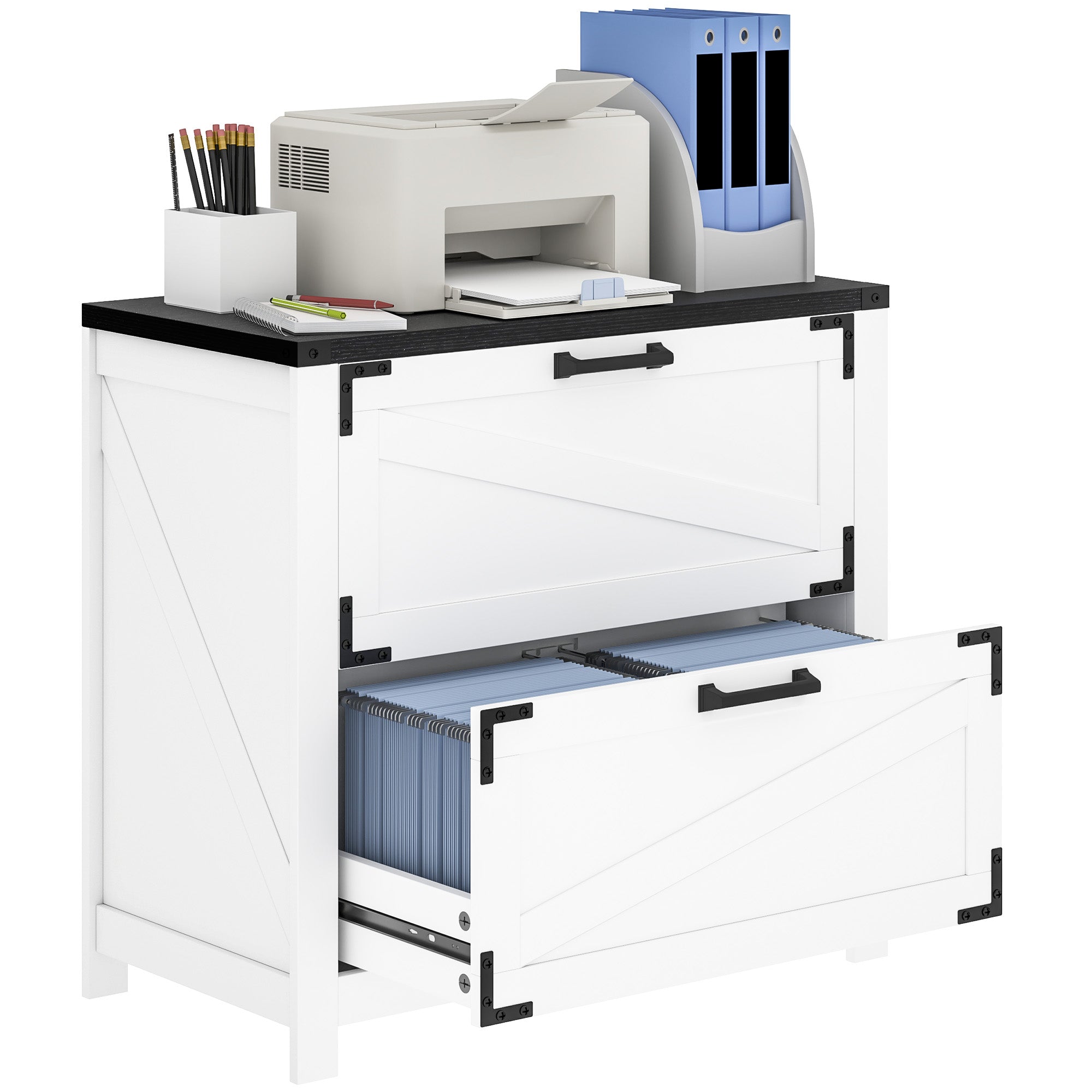 HOMCOM 2 Drawer File Cabinet, Farmhouse Lateral Filing Cabinet with Adjustable Hanging Bars for Letter, A4 and Legal Size, Printer Stand for Home Office, White