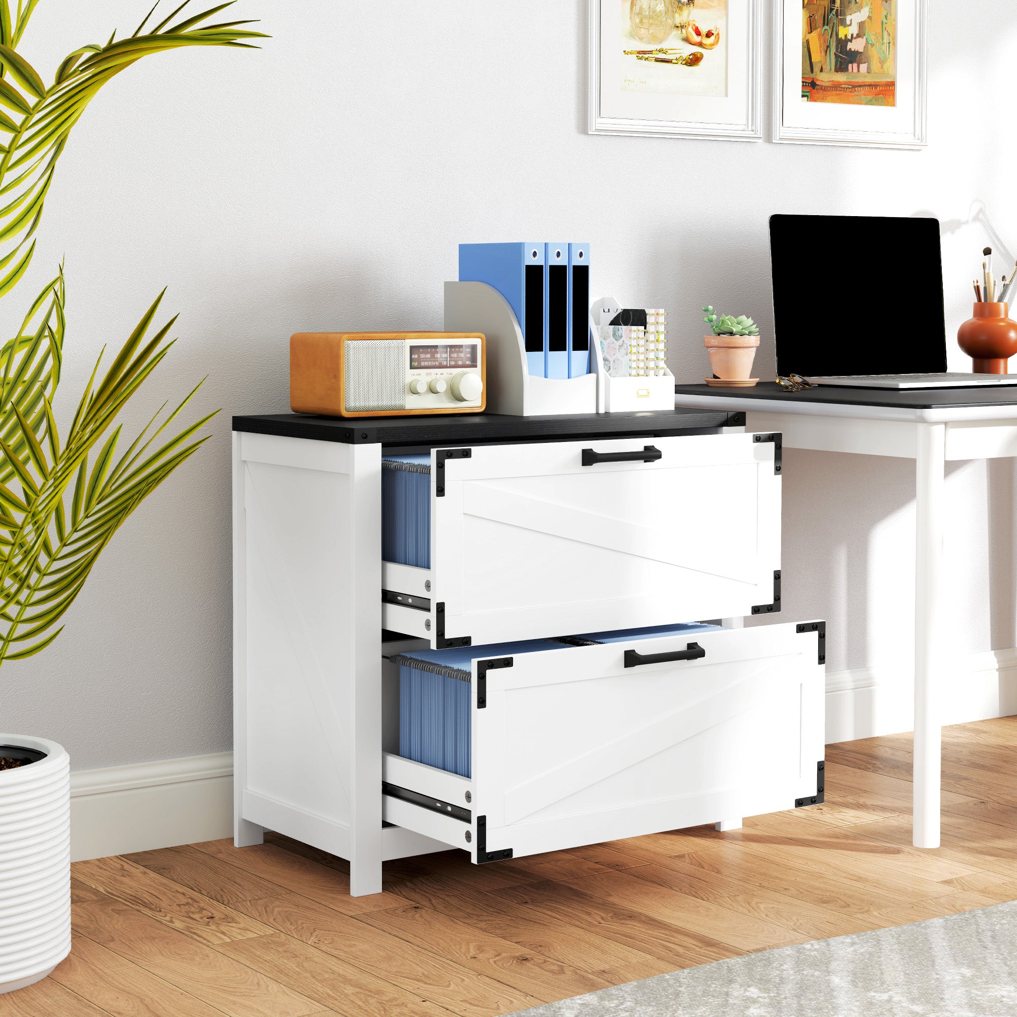 HOMCOM 2 Drawer File Cabinet, Farmhouse Lateral Filing Cabinet with Adjustable Hanging Bars for Letter, A4 and Legal Size, Printer Stand for Home Office, White