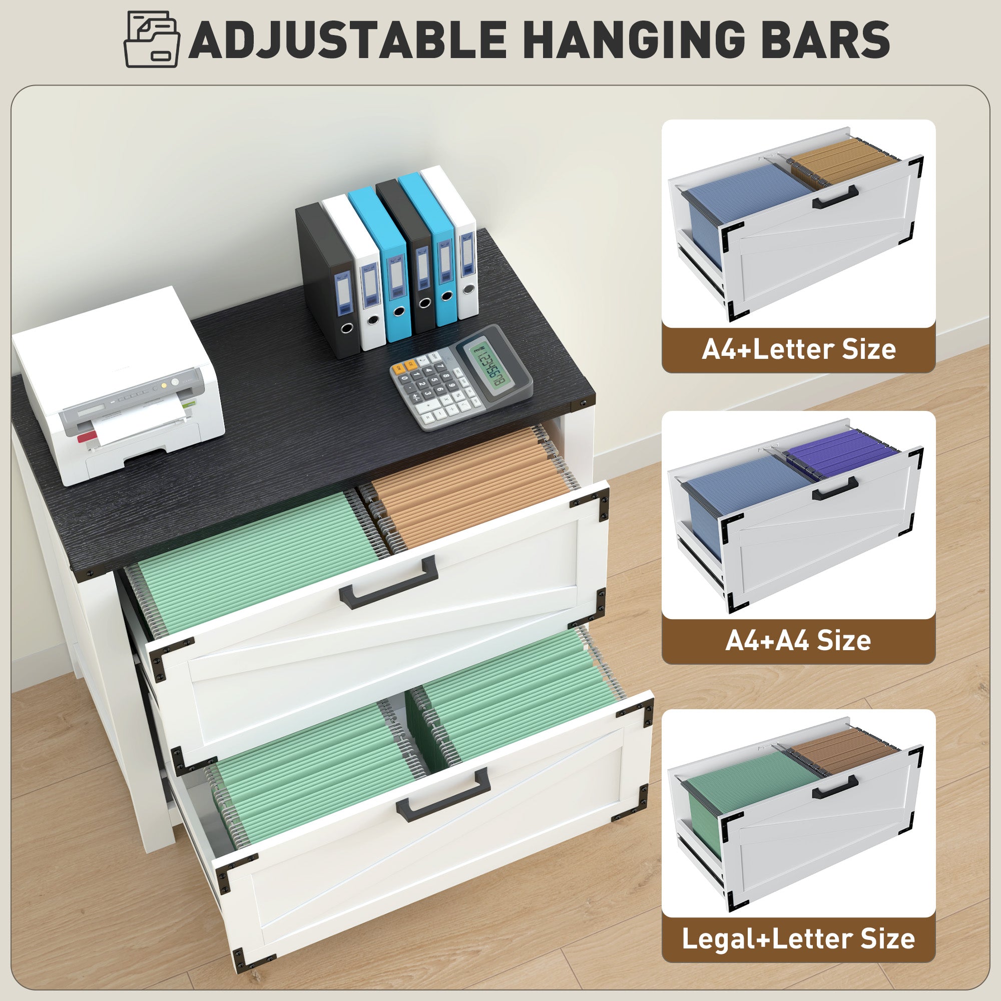 HOMCOM 2 Drawer File Cabinet, Farmhouse Lateral Filing Cabinet with Adjustable Hanging Bars for Letter, A4 and Legal Size, Printer Stand for Home Office, White