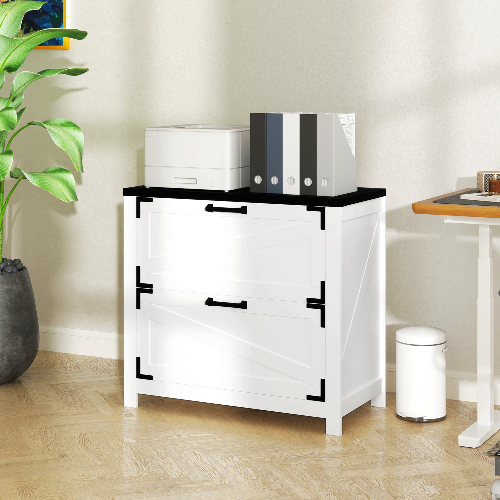 HOMCOM 2 Drawer File Cabinet, Farmhouse Lateral Filing Cabinet with Adjustable Hanging Bars for Letter, A4 and Legal Size, Printer Stand for Home Office, White