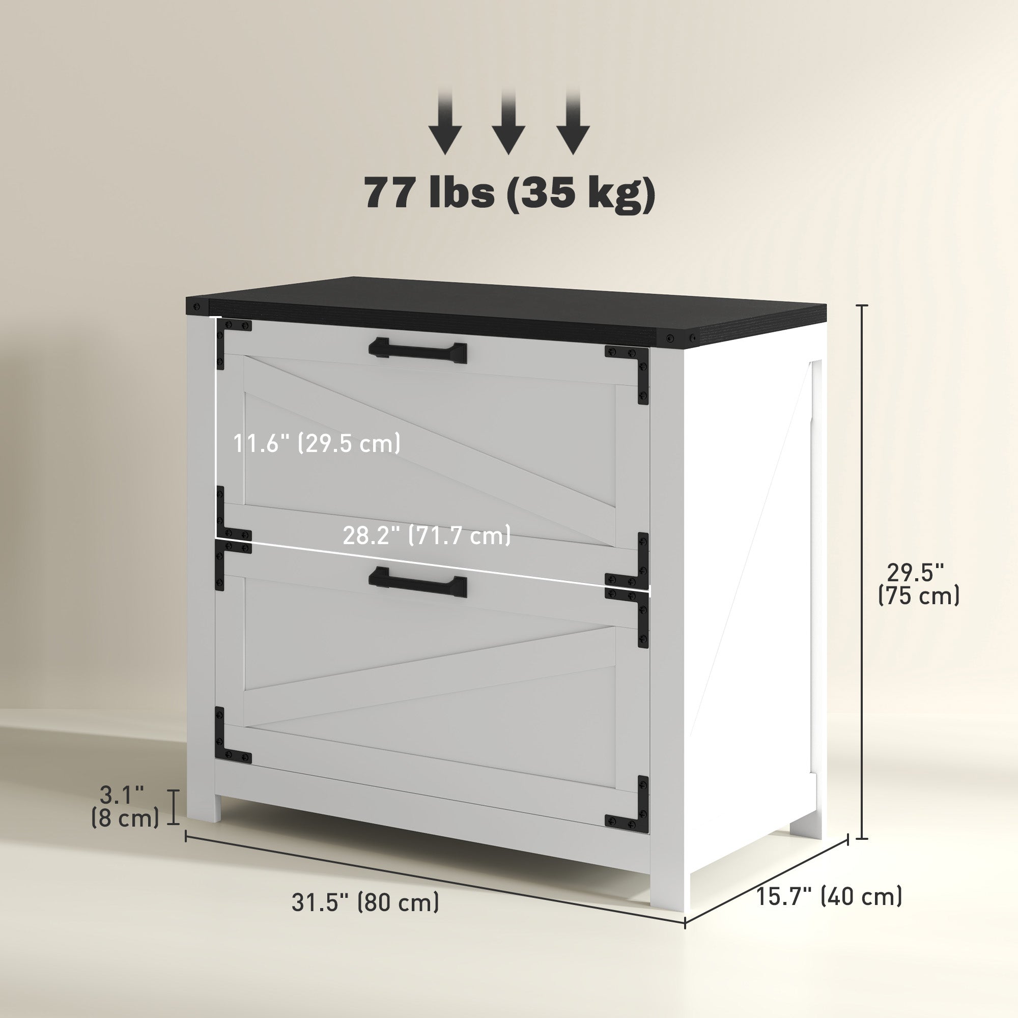 HOMCOM 2 Drawer File Cabinet, Farmhouse Lateral Filing Cabinet with Adjustable Hanging Bars for Letter, A4 and Legal Size, Printer Stand for Home Office, White