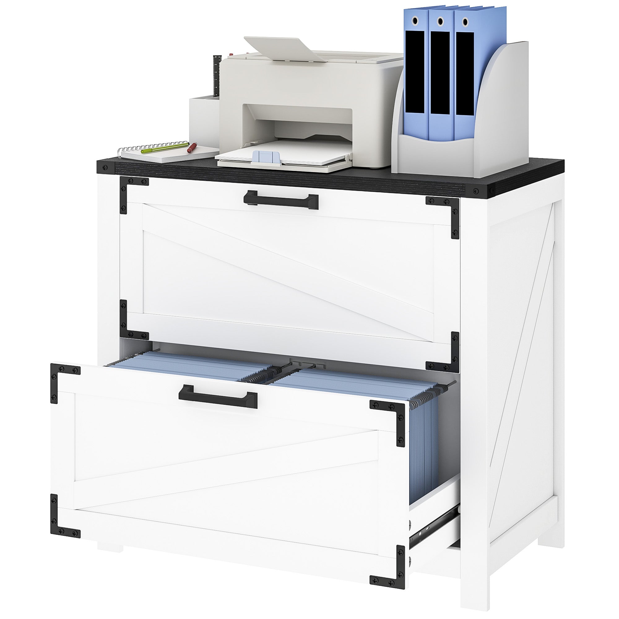 HOMCOM 2 Drawer File Cabinet, Farmhouse Lateral Filing Cabinet with Adjustable Hanging Bars for Letter, A4 and Legal Size, Printer Stand for Home Office, White