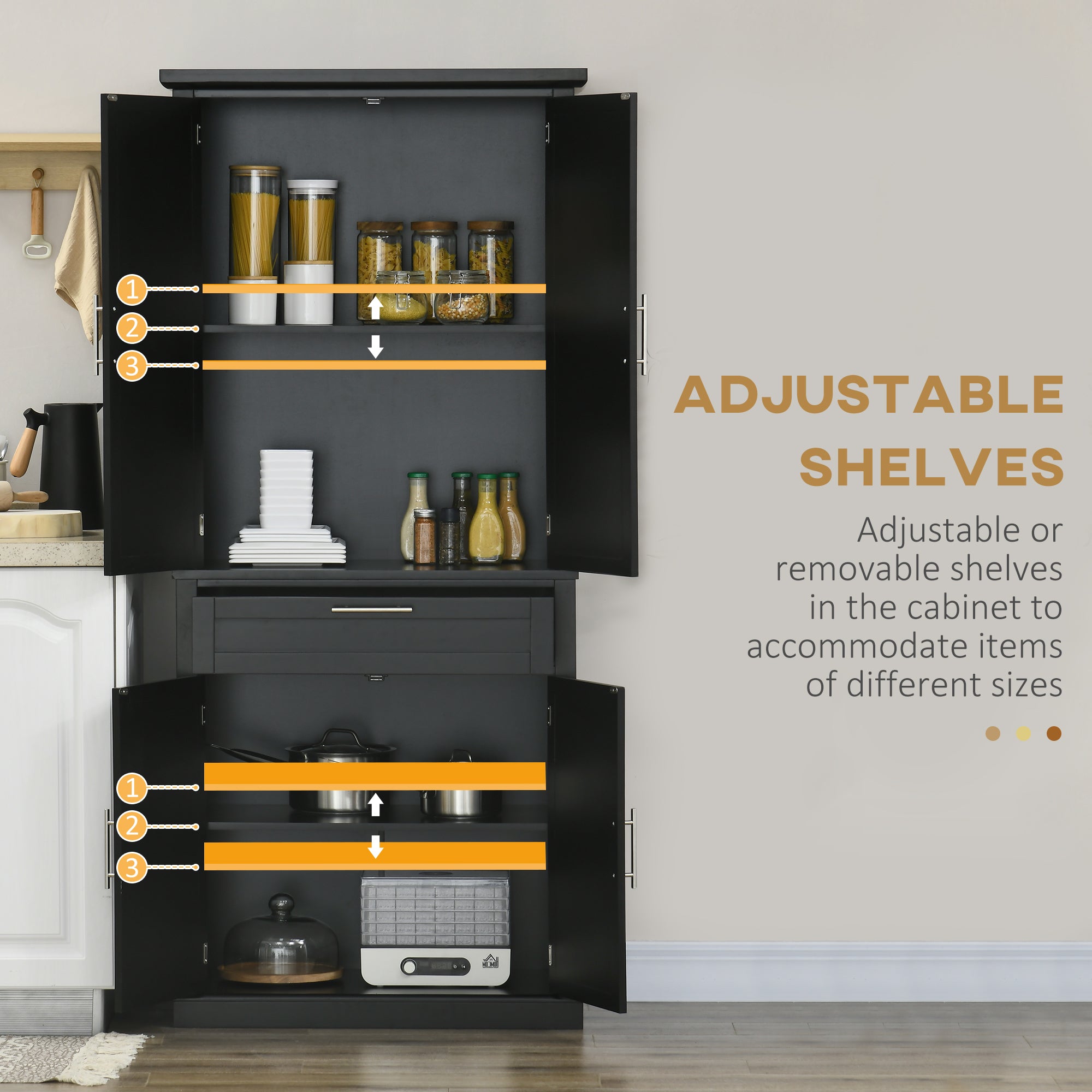 HOMCOM 72" Buffet Cabinet, Freestanding Kitchen Pantry, Storage Cupboard with 4 Doors, Drawer and Adjustable Shelves, Black