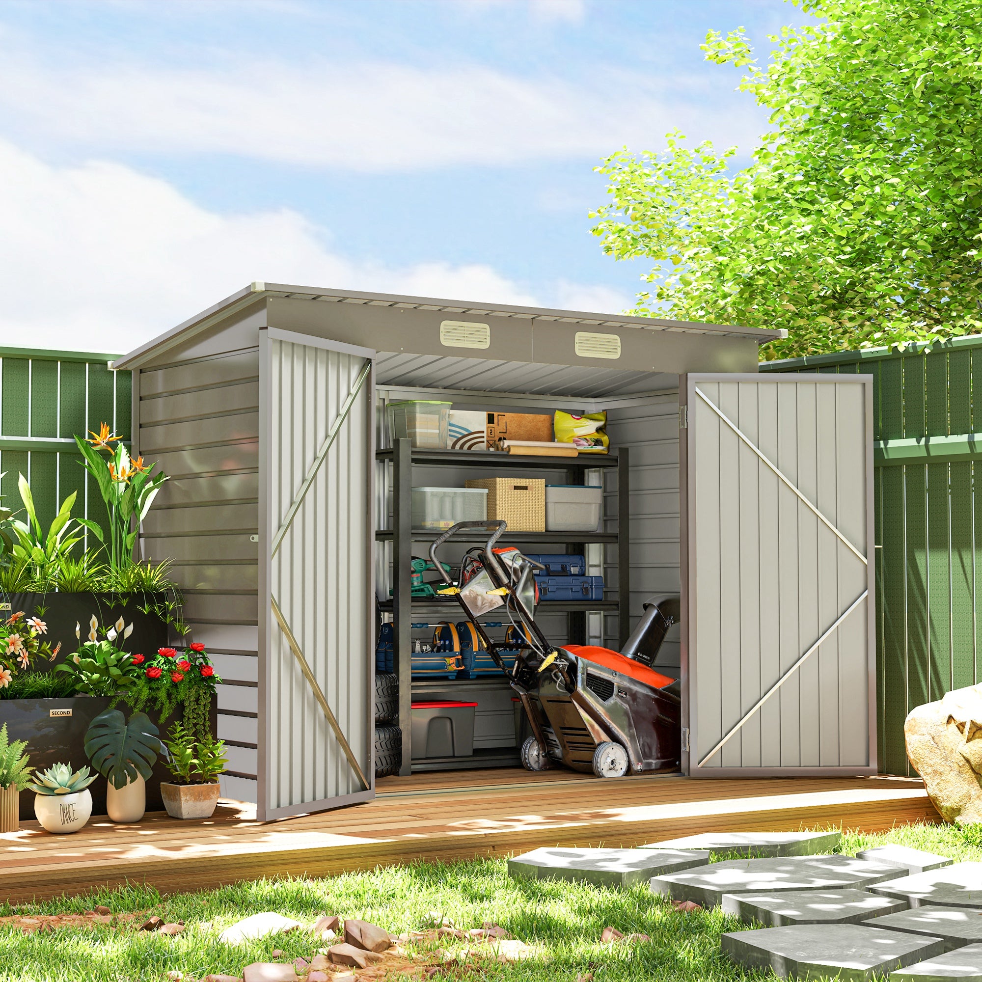 Outsunny 8 x 4FT Outdoor Storage Shed, Galvanized Metal Garden Shed, Waterproof Tool Shed with 2 Vents for Backyard, Lawn, Patio, Light Grey