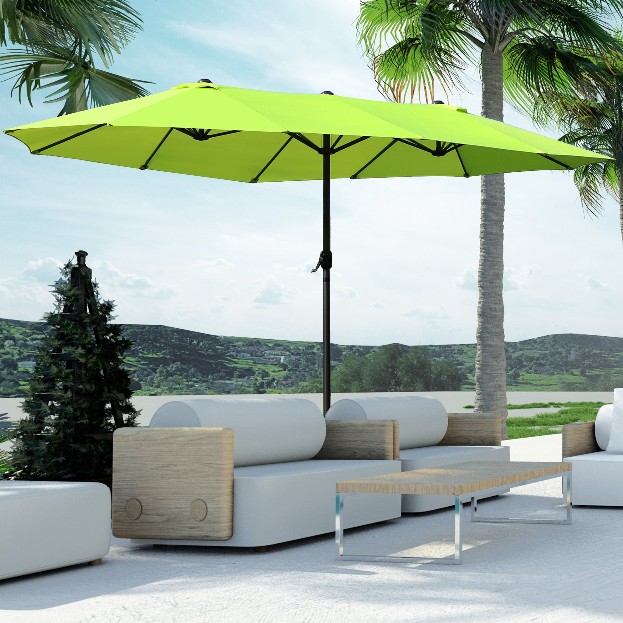 Outsunny 15ft Double-sided Patio Umbrella with Twin Canopy, Extra Large Outdoor Parasol with Crank for Pool, Deck, Market, Green