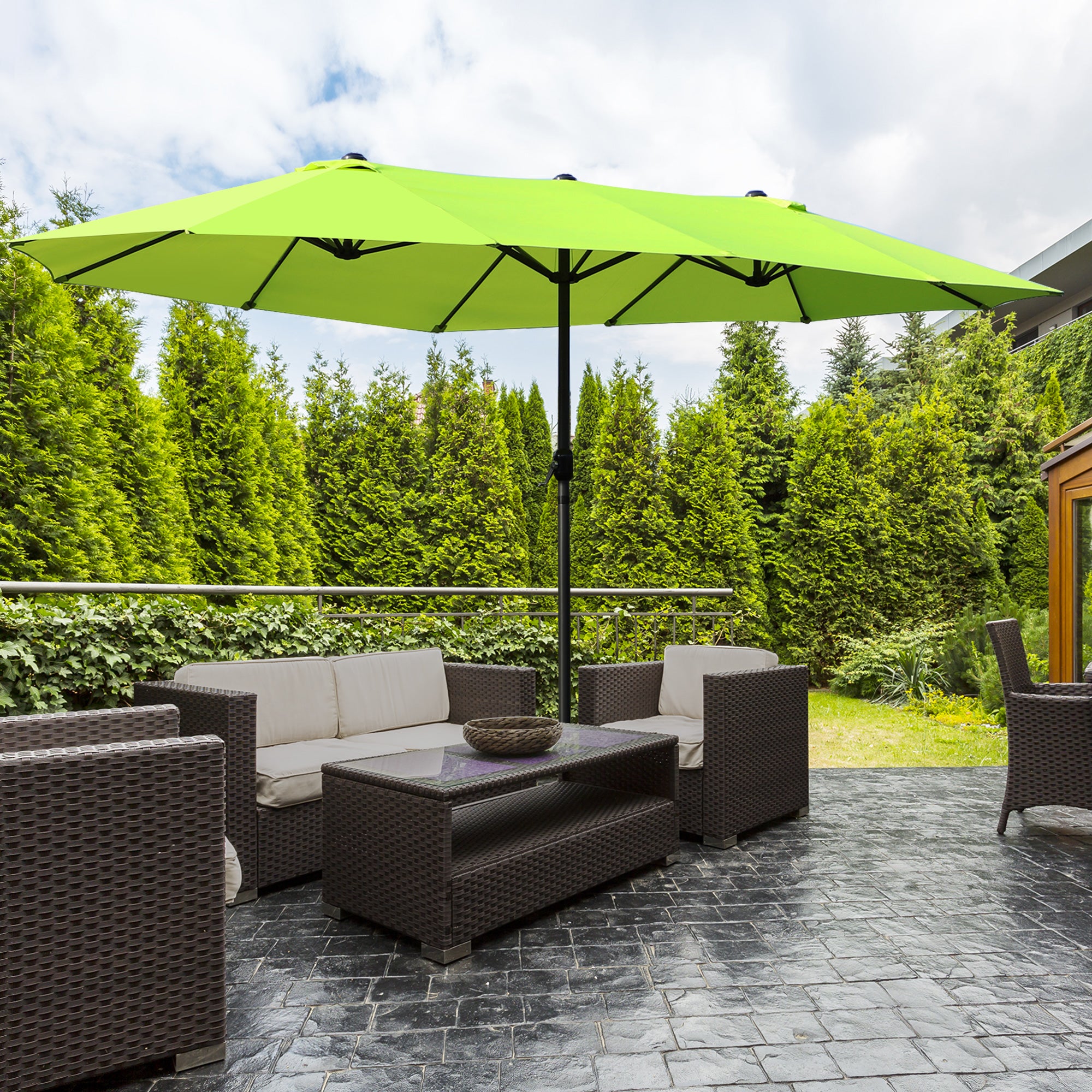 Outsunny 15ft Double-sided Patio Umbrella with Twin Canopy, Extra Large Outdoor Parasol with Crank for Pool, Deck, Market, Green