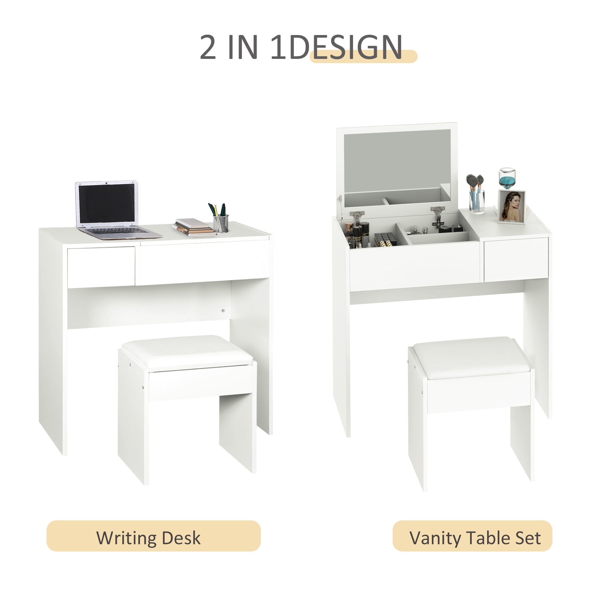 HOMCOM Vanity Desk Set with Flip Top Mirror and Cushioned Stool, Makeup Vanity with Storage Drawer, Dressing Table for Bedroom, White