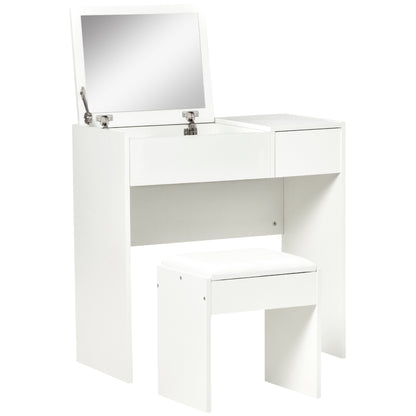 HOMCOM Vanity Desk Set with Flip Top Mirror and Cushioned Stool, Makeup Vanity with Storage Drawer, Dressing Table for Bedroom, White