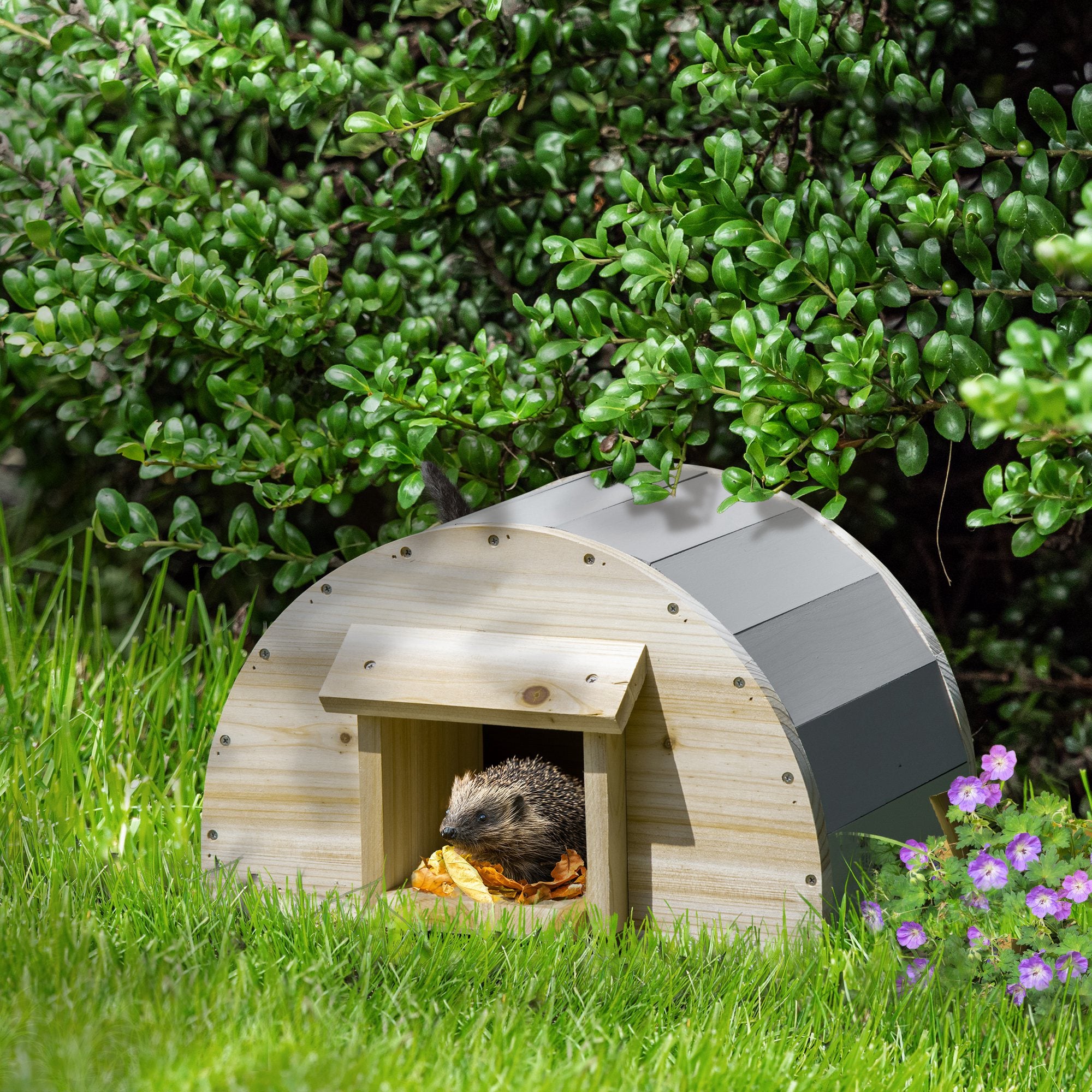 PawHut Wooden Hedgehog House, Small Animal Shelter Hibernation Home w/ Two Doors, for Gardens, 40 x 30.2 x 23.5 - Natural Finish