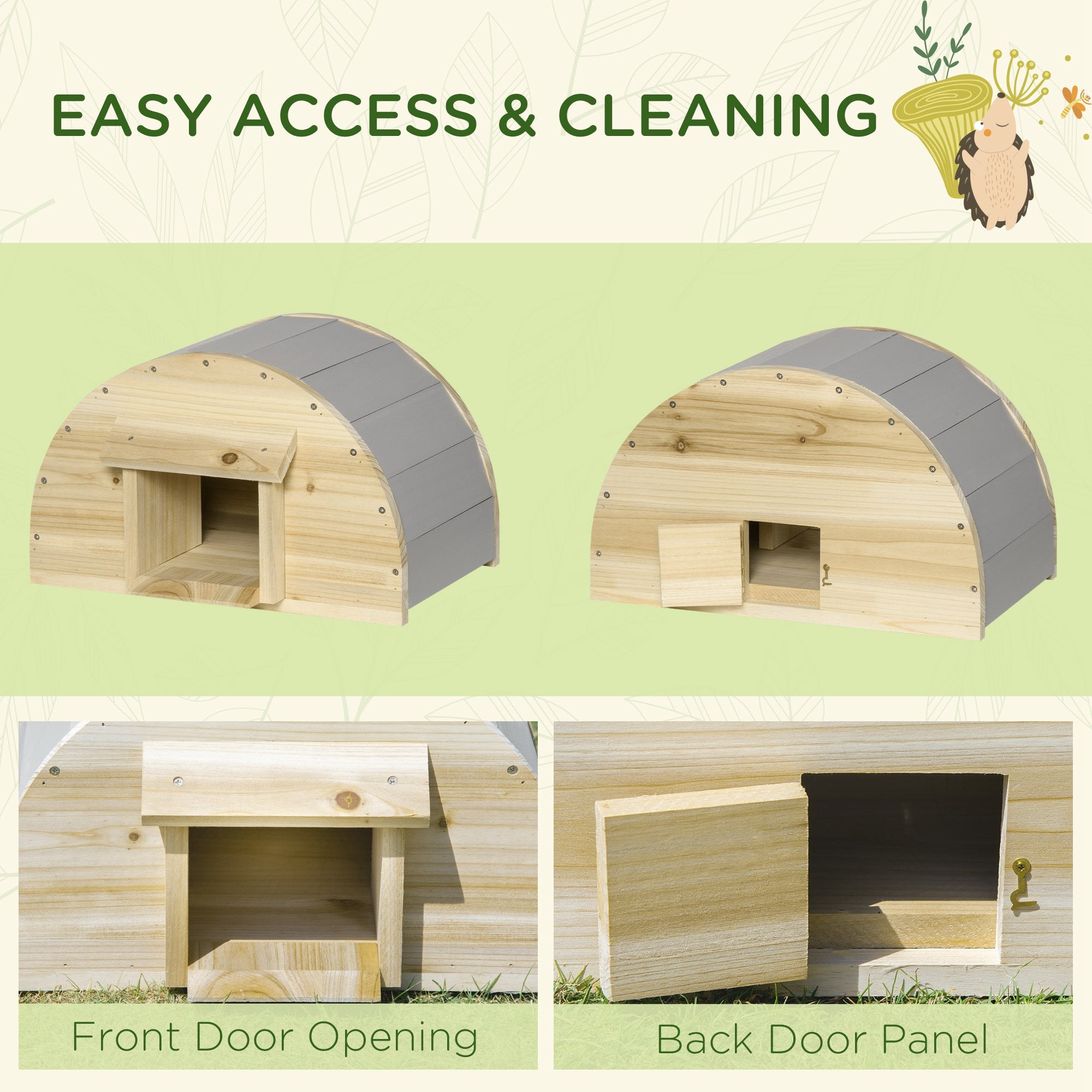 PawHut Wooden Hedgehog House, Small Animal Shelter Hibernation Home w/ Two Doors, for Gardens, 40 x 30.2 x 23.5 - Natural Finish