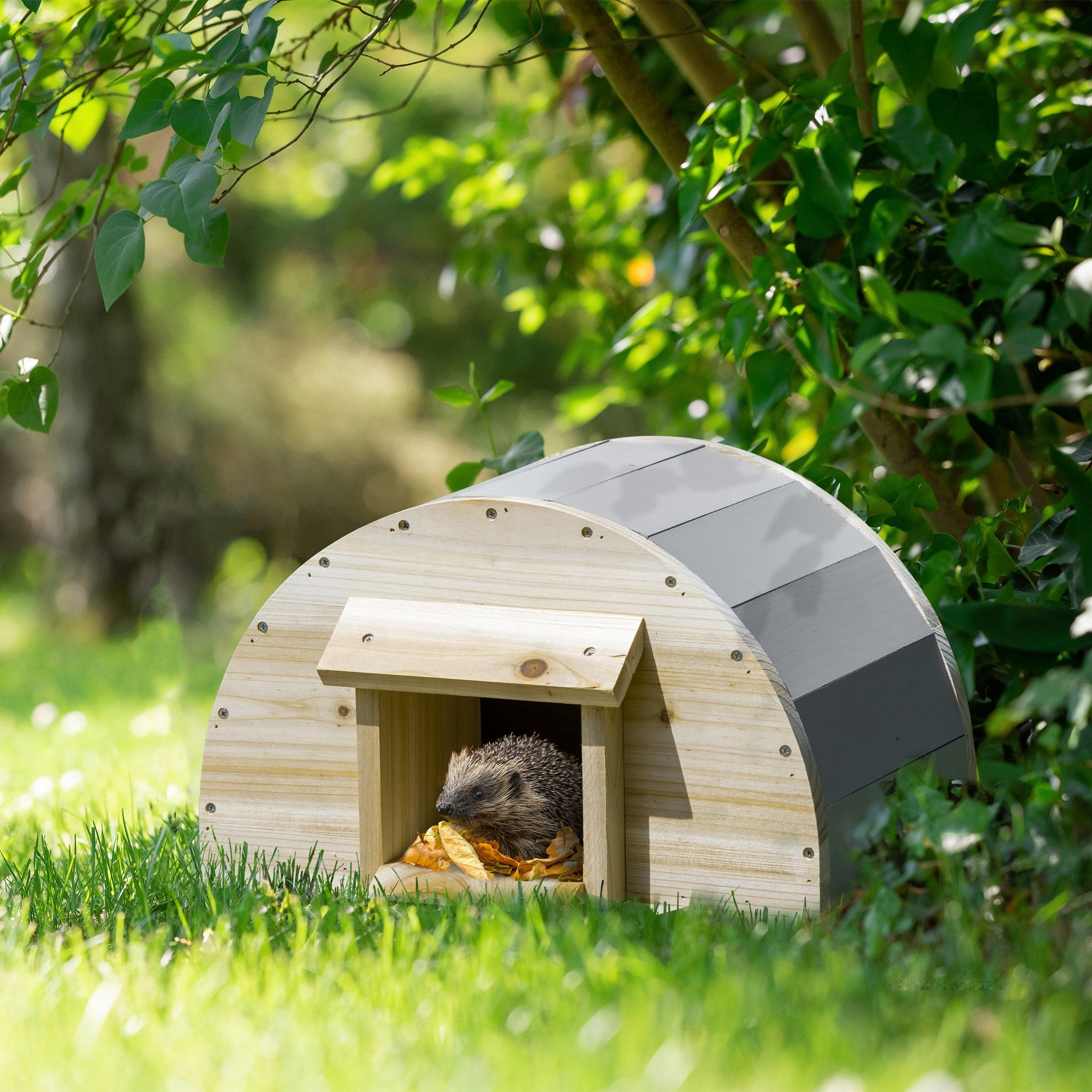 PawHut Wooden Hedgehog House, Small Animal Shelter Hibernation Home w/ Two Doors, for Gardens, 40 x 30.2 x 23.5 - Natural Finish