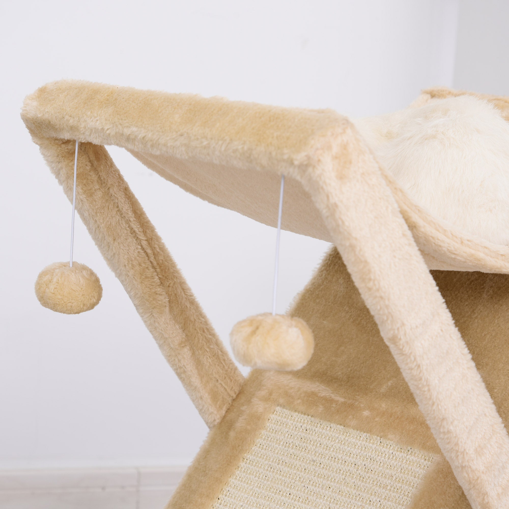 PawHut Two Tier Cat Tree for Indoor Cats Play Rest Activity Tower Plush Folding Relax Center w/ Scratching Post Hammock Pom Poms Yellow
