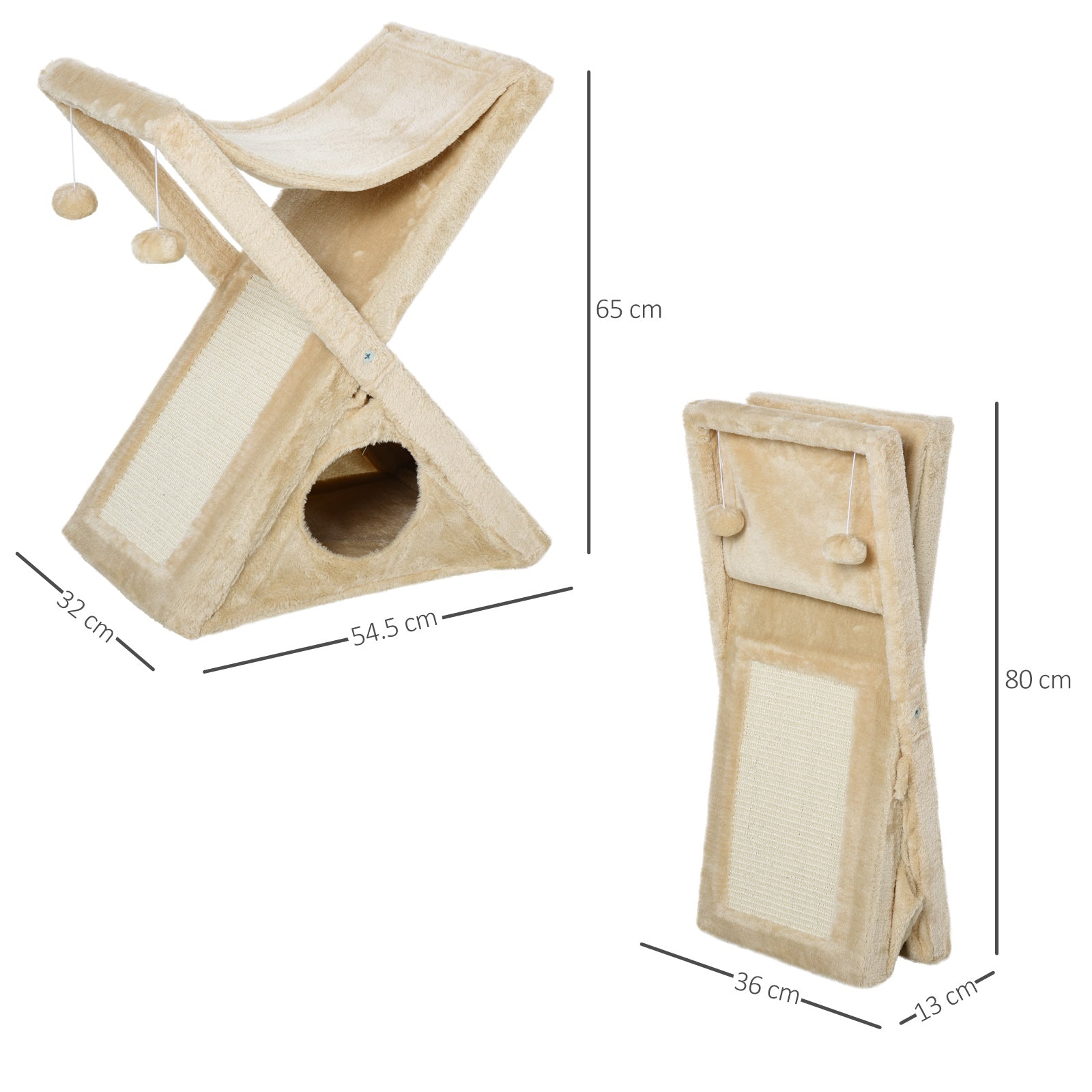 PawHut Two Tier Cat Tree for Indoor Cats Play Rest Activity Tower Plush Folding Relax Center w/ Scratching Post Hammock Pom Poms Yellow
