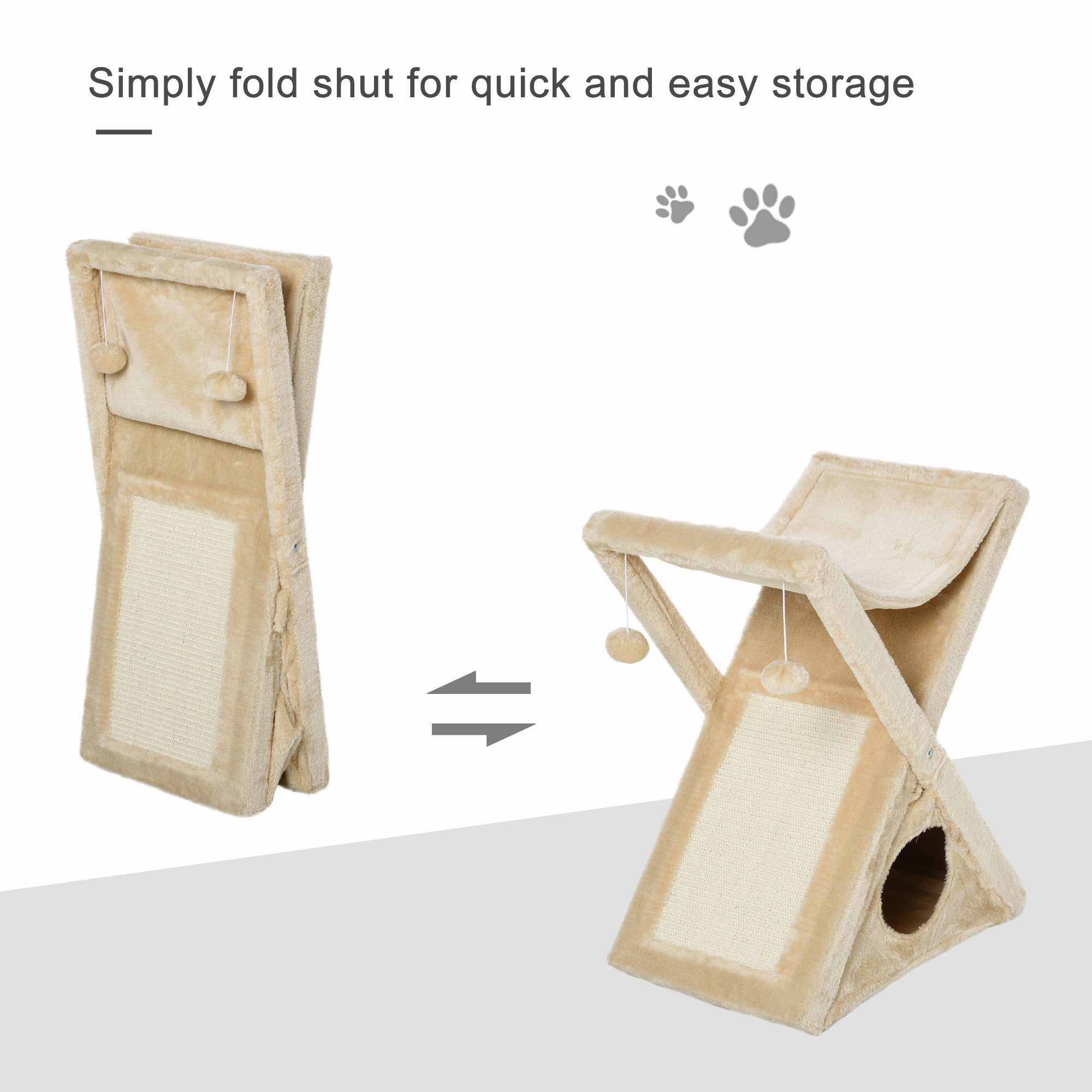PawHut Two Tier Cat Tree for Indoor Cats Play Rest Activity Tower Plush Folding Relax Center w/ Scratching Post Hammock Pom Poms Yellow